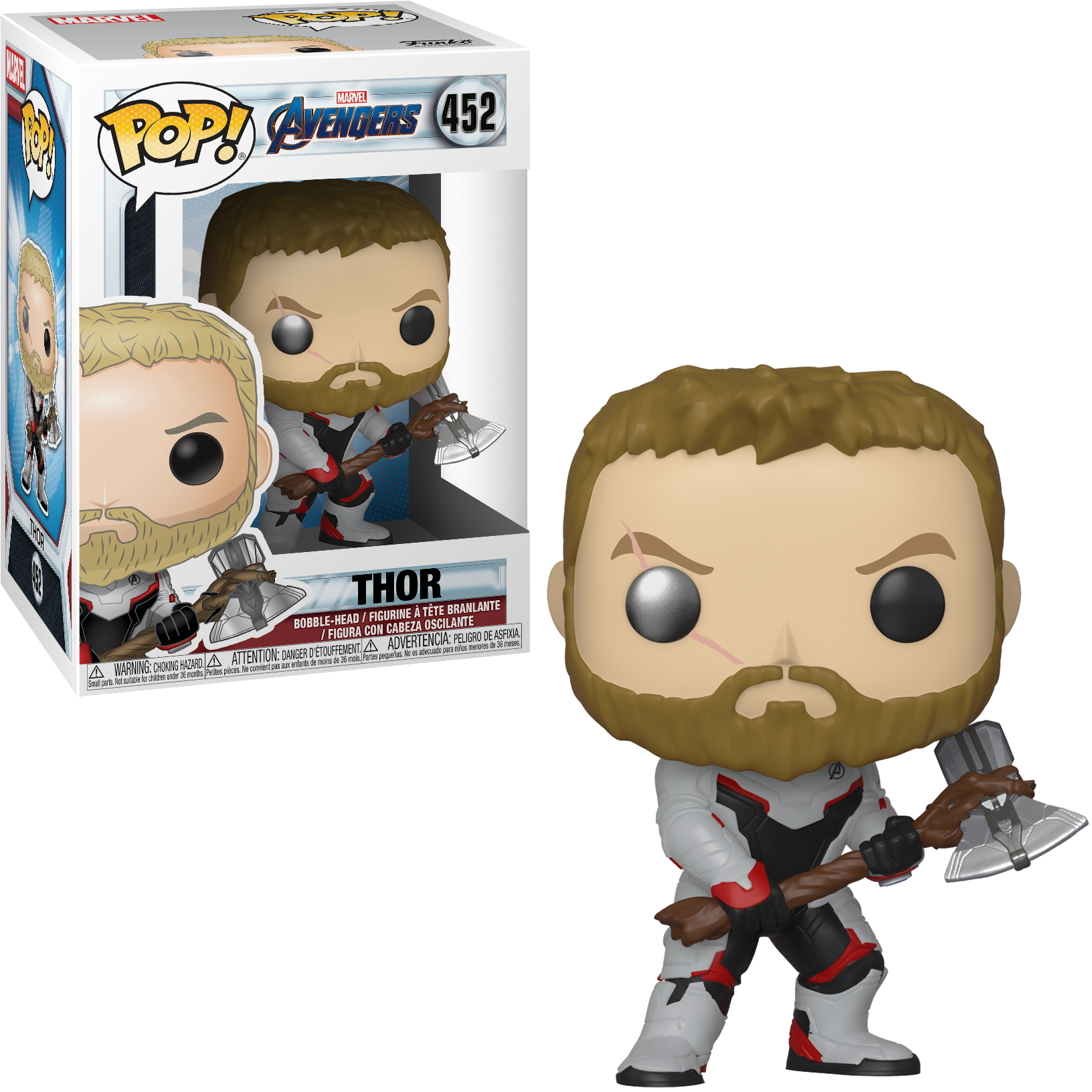 Una figura Funko Pop di Thor nella sua scatola e su un supporto. Design grigio e bianco.
