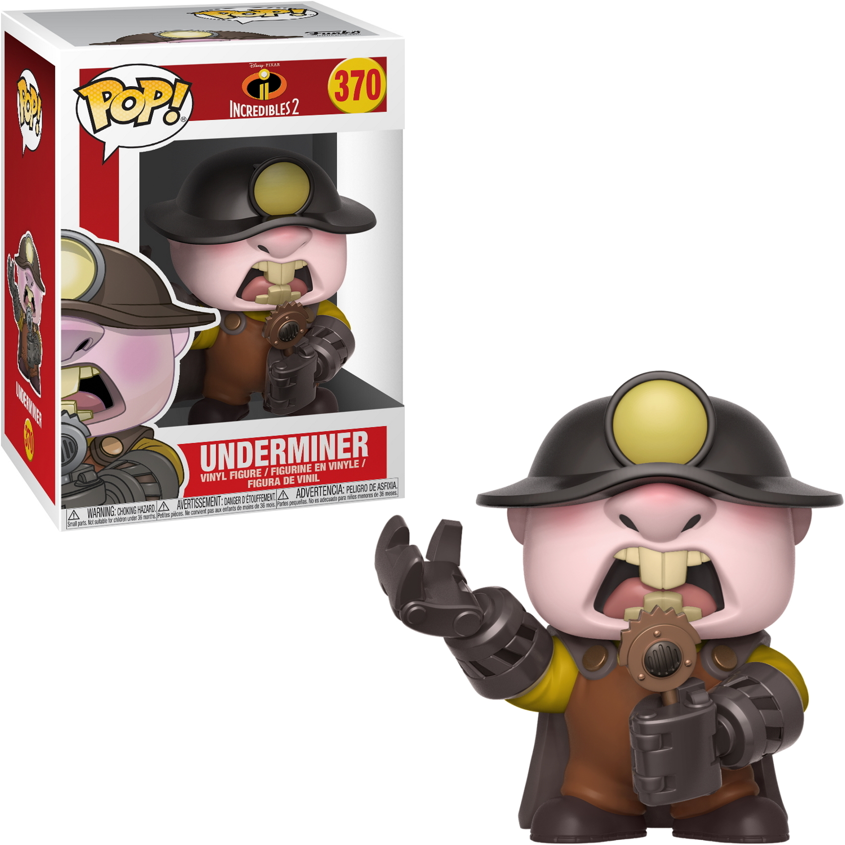 Eine Funko Pop-Figur des Underminers aus Die Unglaublichen 2, der einen Bohrer hält.