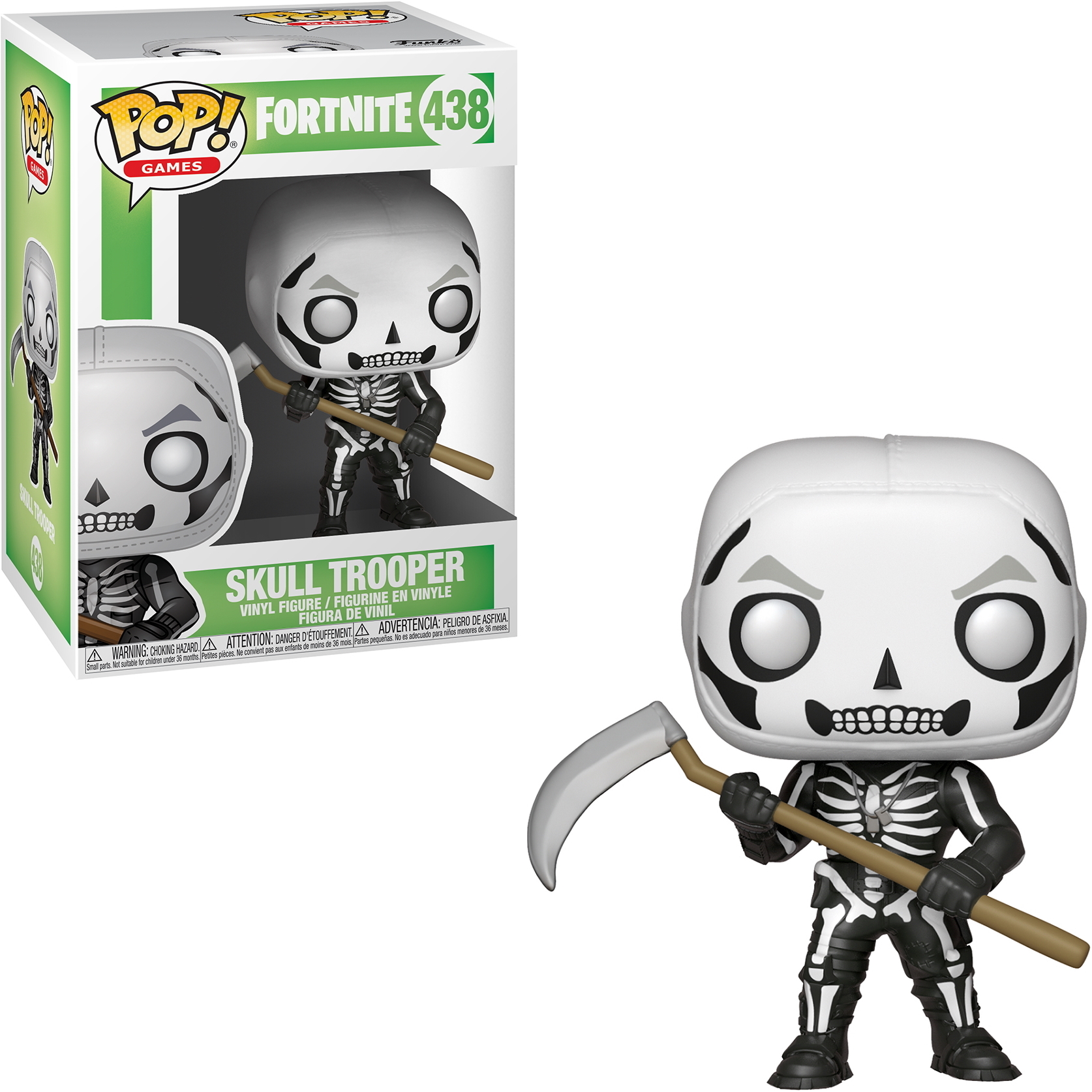 Figura di Skull Trooper di Fortnite, con una falce, in una scatola.