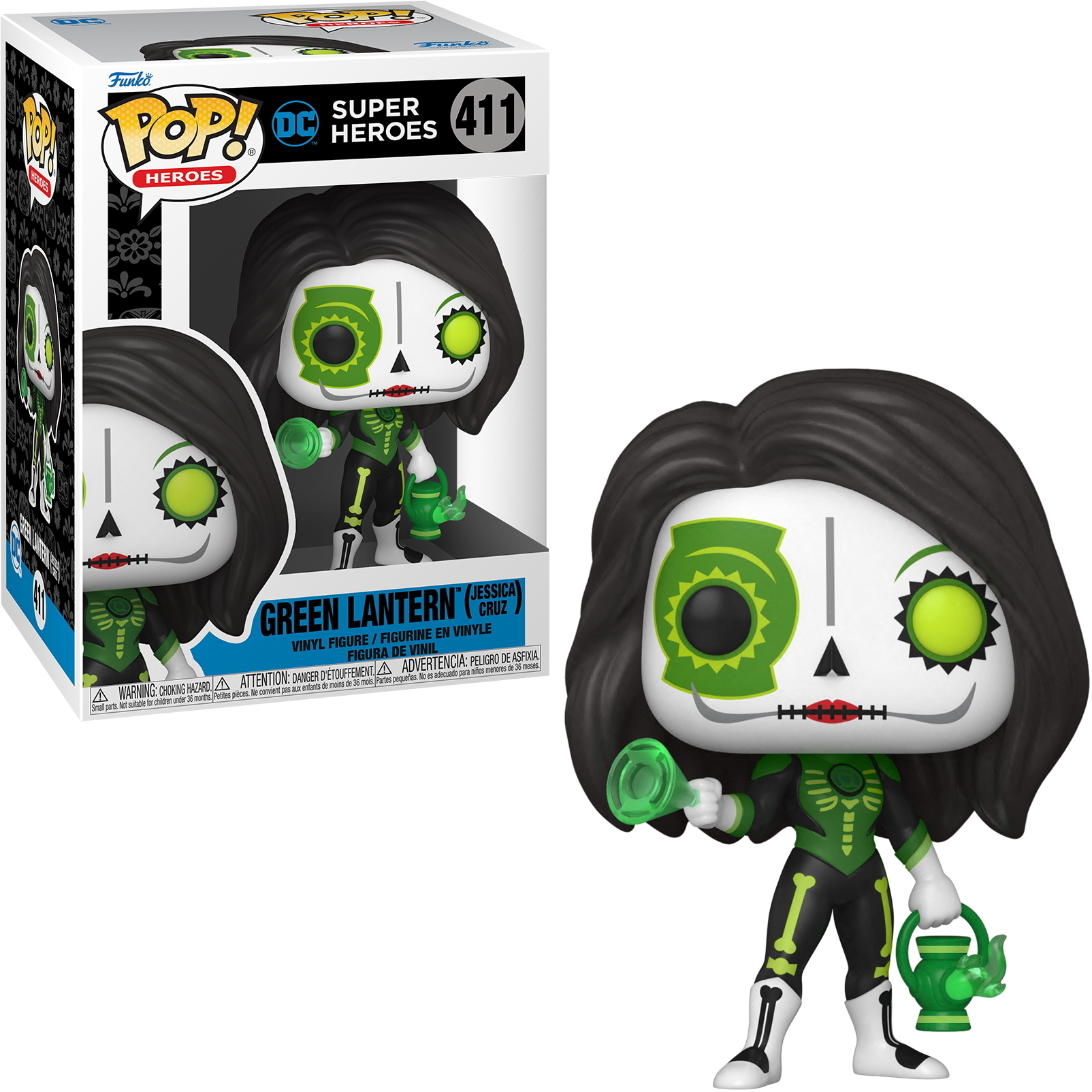 Green Lantern Figur. Schwarzes Haar, grüner und schwarzer Anzug, hält eine Laterne. Box im Hintergrund.