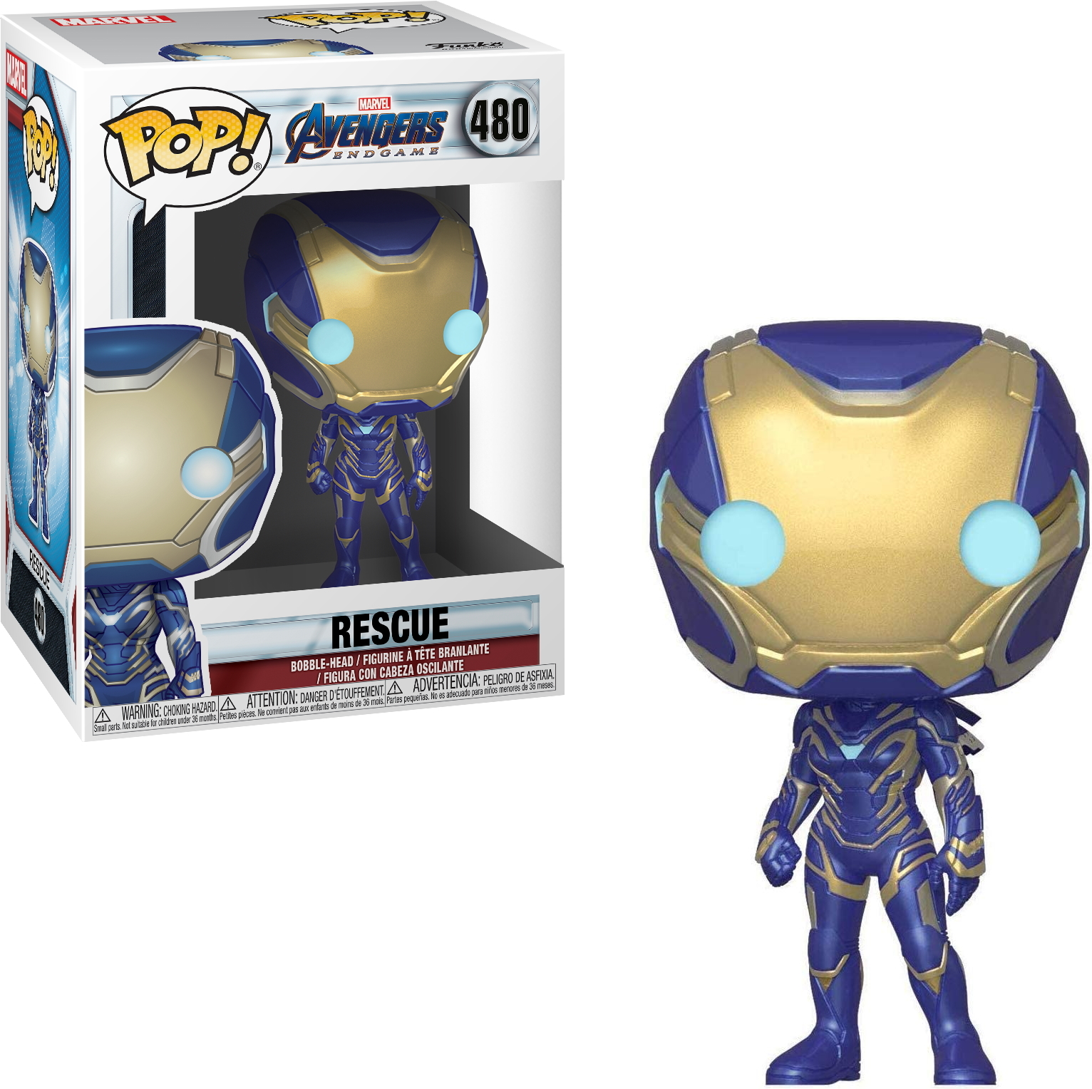 Funko Pop der Figur Rescue aus Avengers: Endgame. Inklusive Verpackung. Blaue und goldene Rüstung.