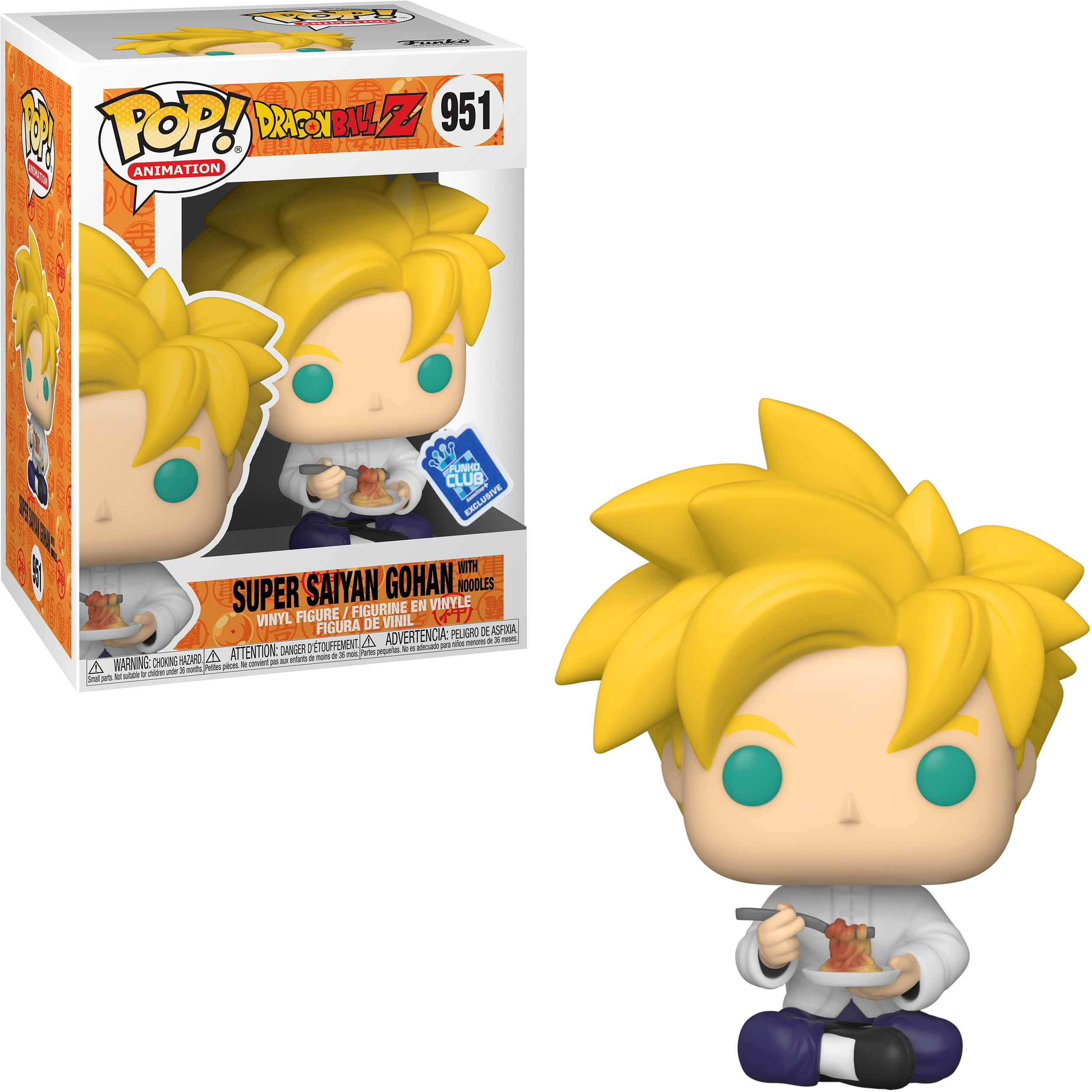 Figurka Super Saiyan Gohan z pudełkiem. Gohan je makaron pałeczkami.
