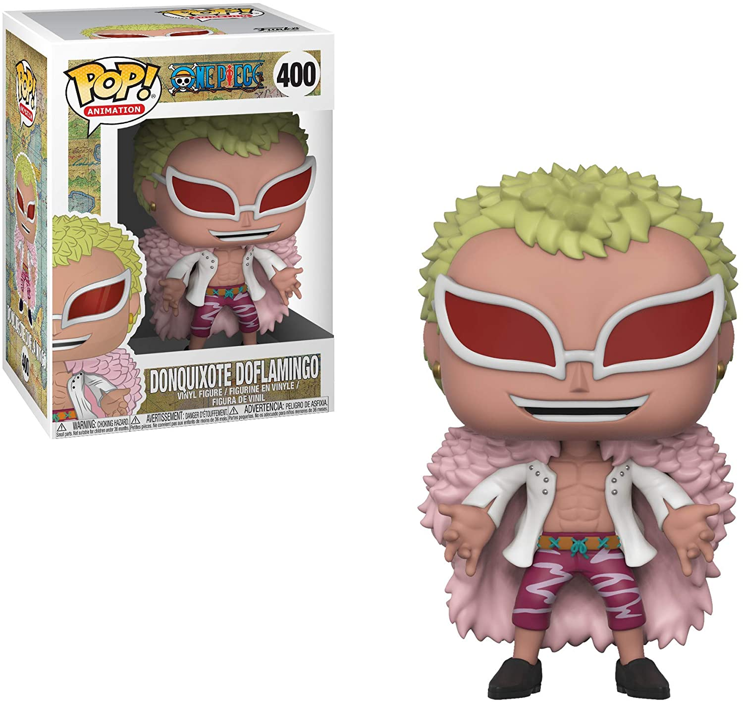 Figura Funko Pop di Donquixote Doflamingo in una scatola e la figura stessa.
