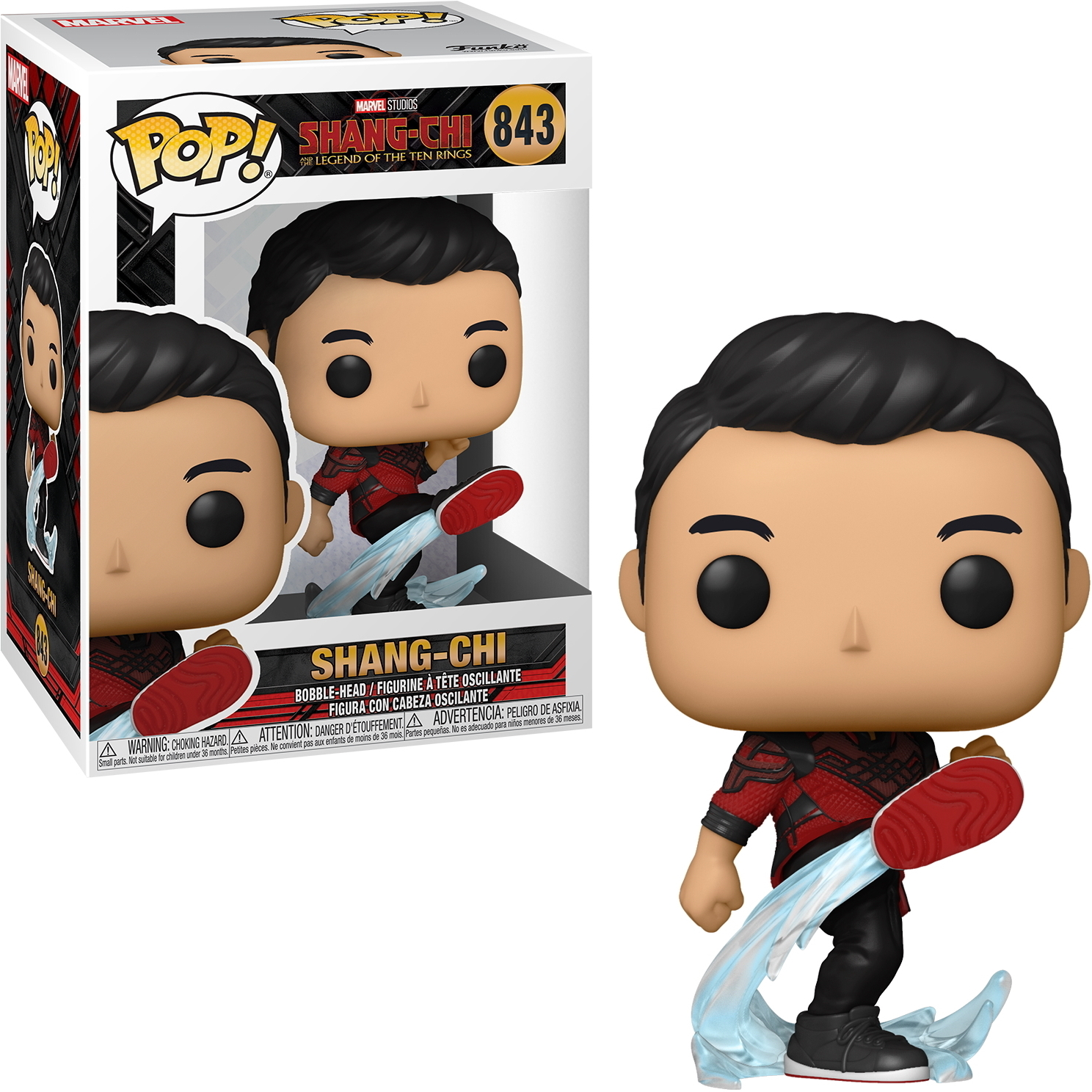 Figura de acción de Shang-Chi en pose de patada. Viste un traje rojo y negro y está sobre agua azul.