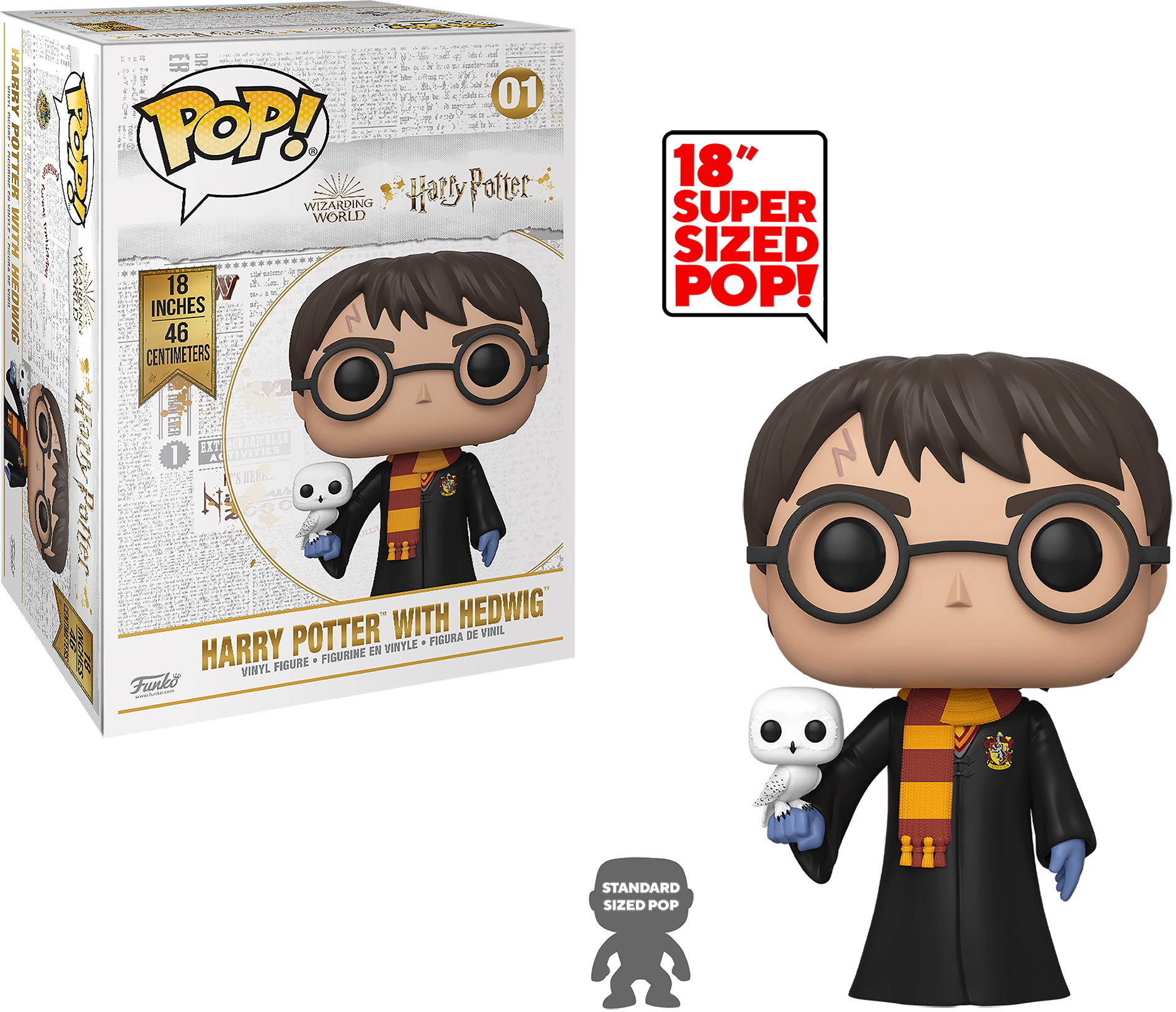 Figurka Harry Potter Funko Pop! z Hedwigą. Wyświetlane są pudełko i figurka. Figurka 18" z mniejszym przykładem.