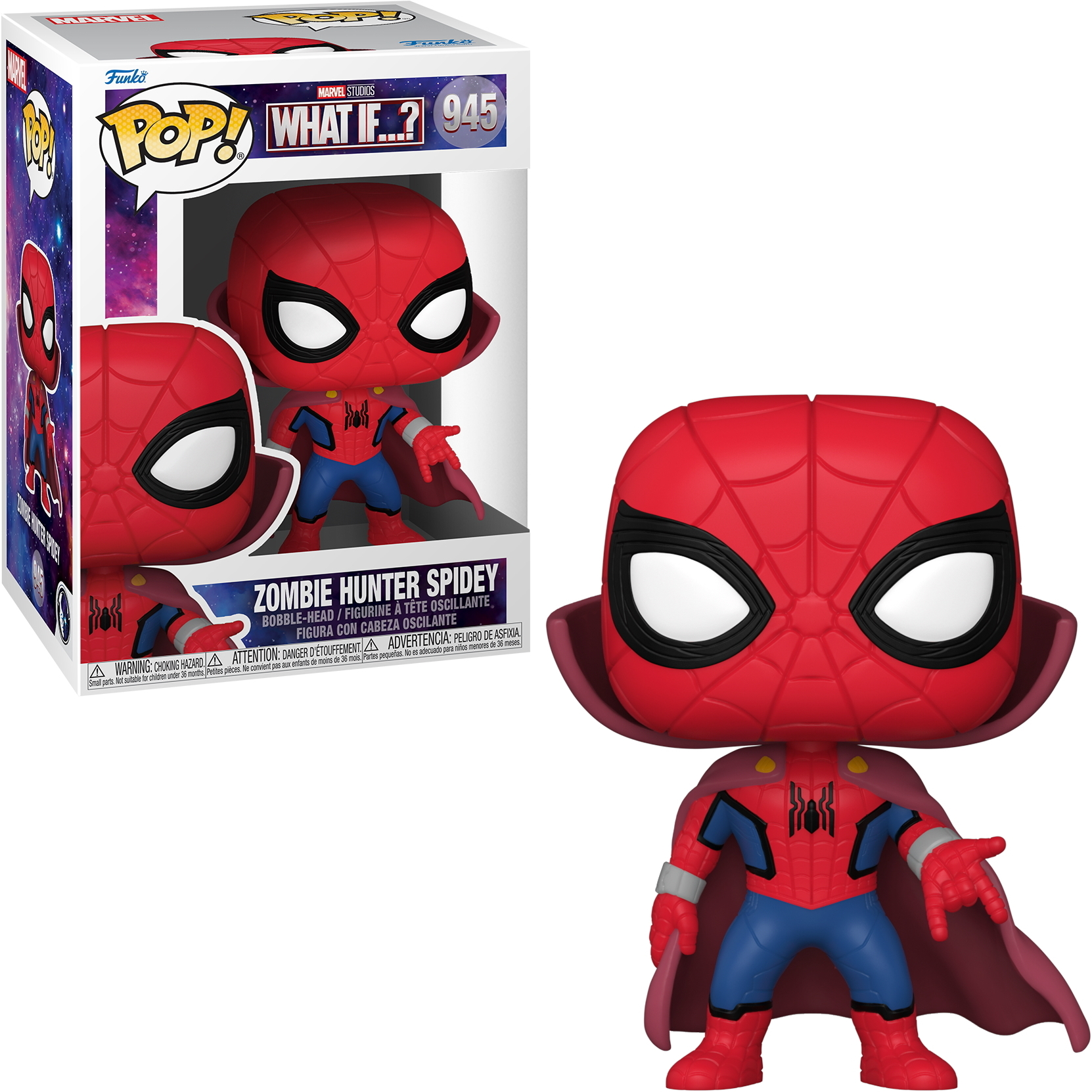 Figura Funko Pop di Zombie Hunter Spidey. Scatola e figura, Spiderman in costume da cacciatore di zombie.
