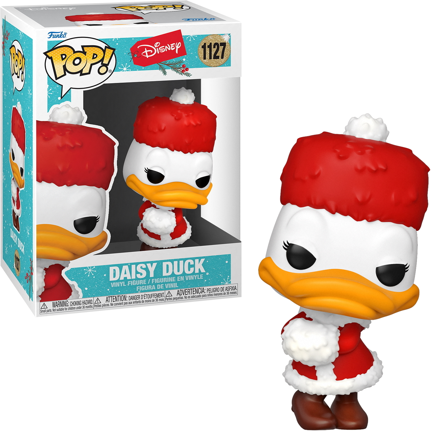 Figura di Daisy Duck in scatola e fuori, con un abito invernale rosso.