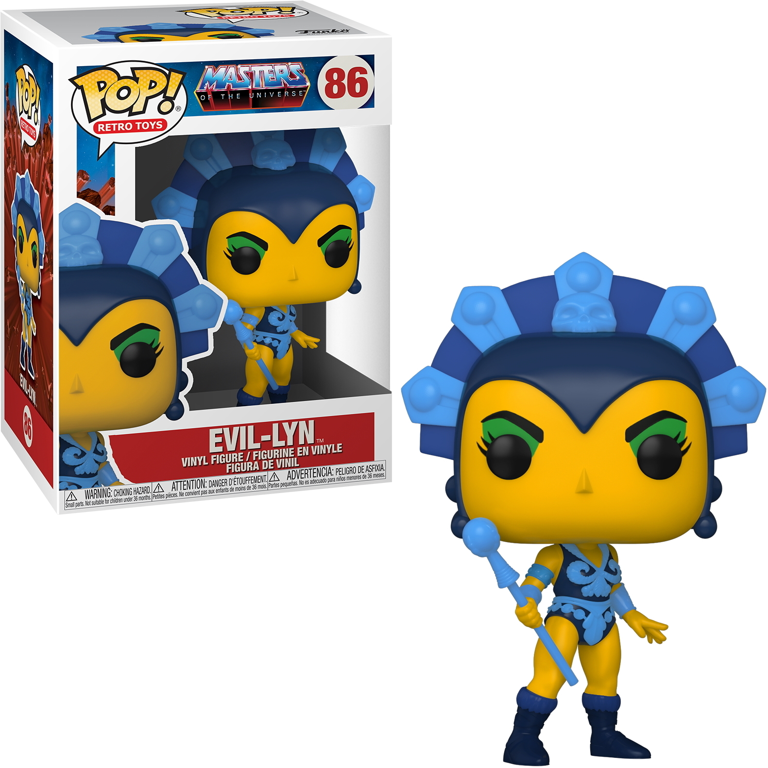 Personaggio Funko Pop di Evil-Lyn. Pelle gialla, copricapo blu e bastone. Scatola sullo sfondo.