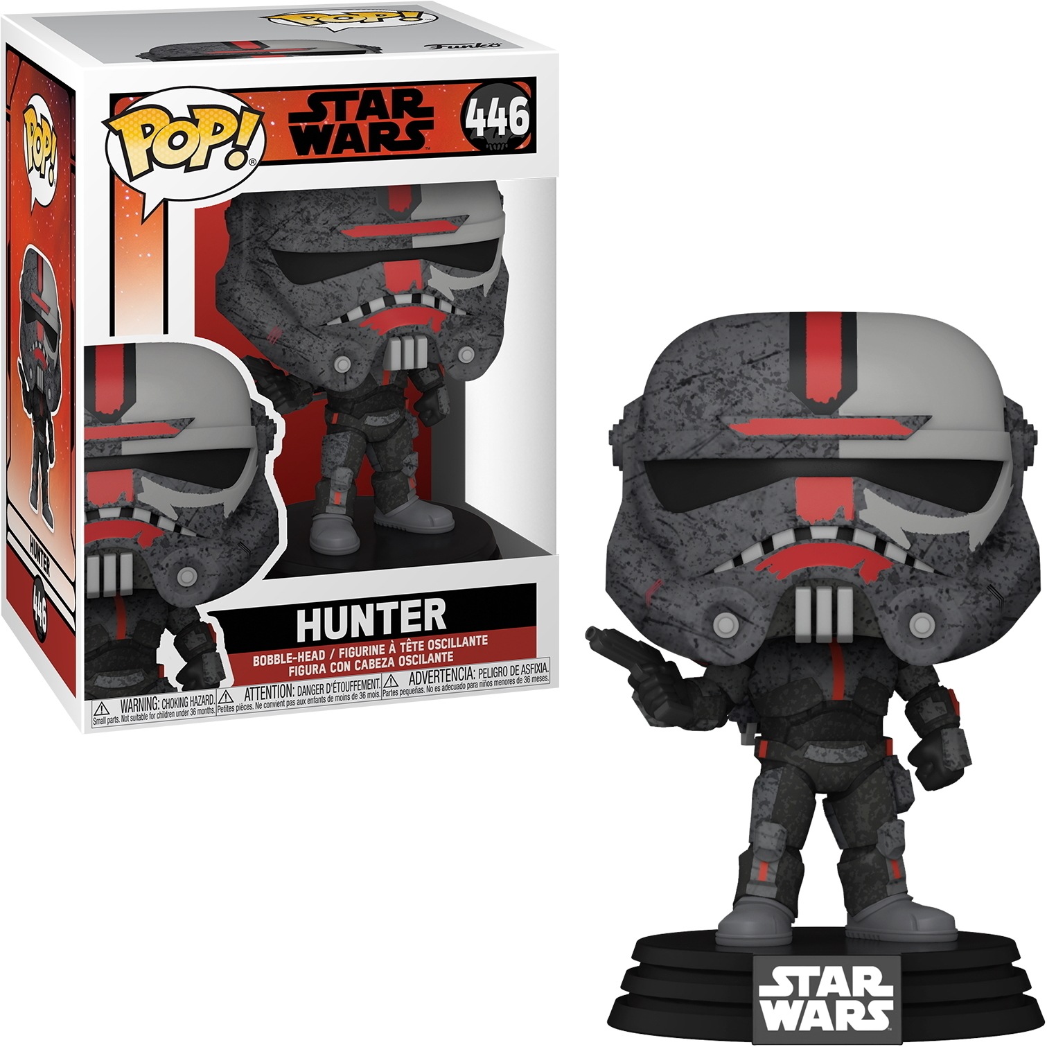 Hunter Star Wars Funko Pop Figur in Box und stehend. Graue Rüstung, Pistole.