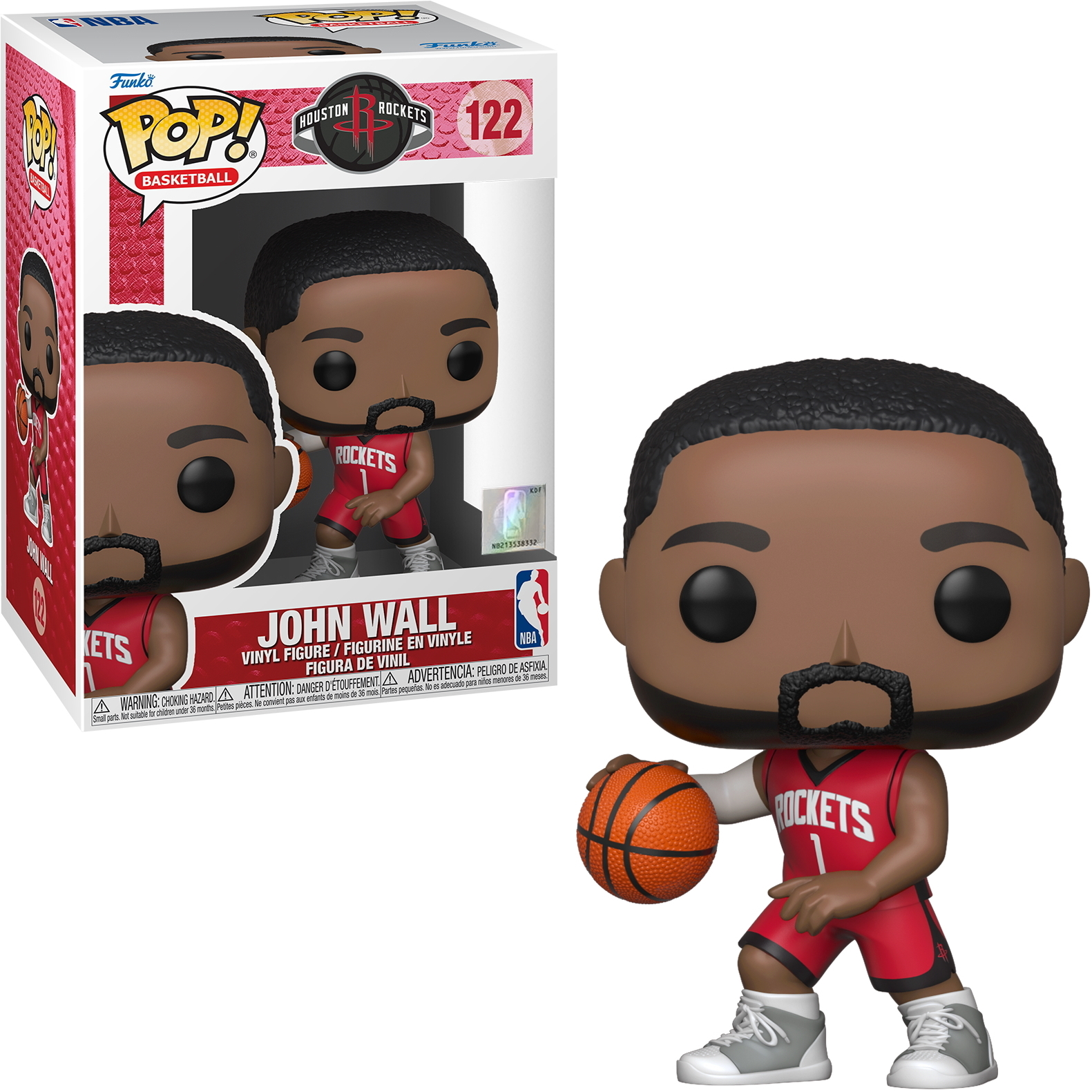Eine John Wall Funko Pop Figur in einer Box und draußen. Er hält einen Basketball, trägt ein Rockets Trikot.