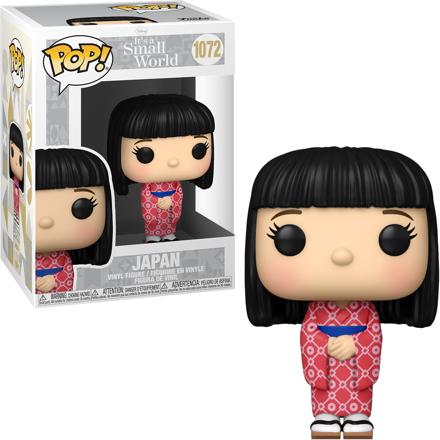 Eine japanisch thematisierte Pop!-Figur in und aus der Box, mit rotem Kimono. Die Box zeigt das Gesicht der Figur.