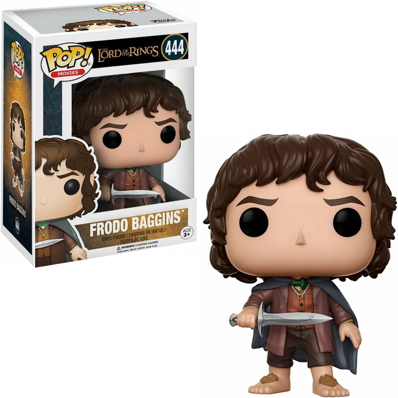 Frodo Baggins Funko Pop-Figur mit Box, Schwert. Braune Haare und Outfit.