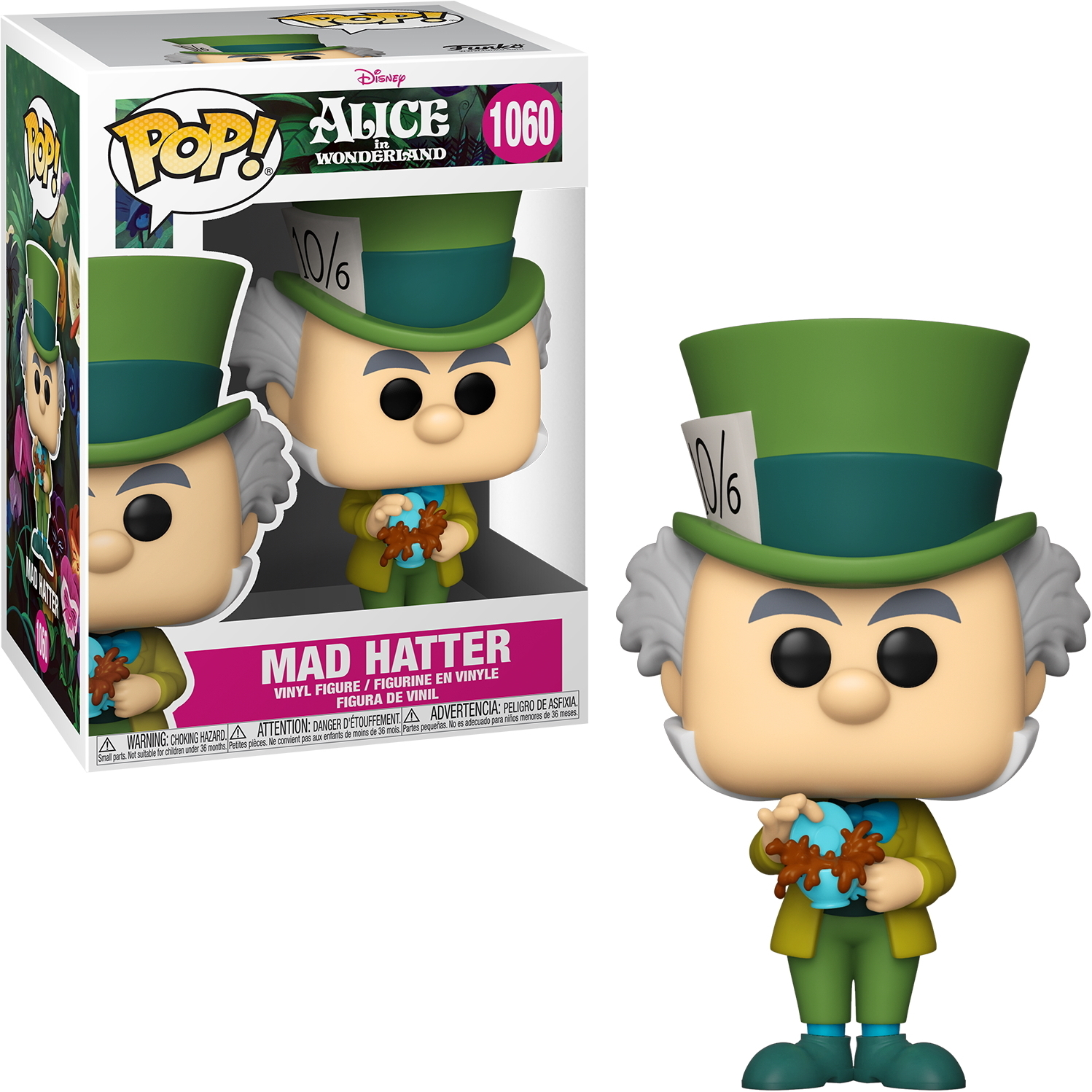 Figura Pop de Mad Hatter en caja, sosteniendo un objeto pequeño.