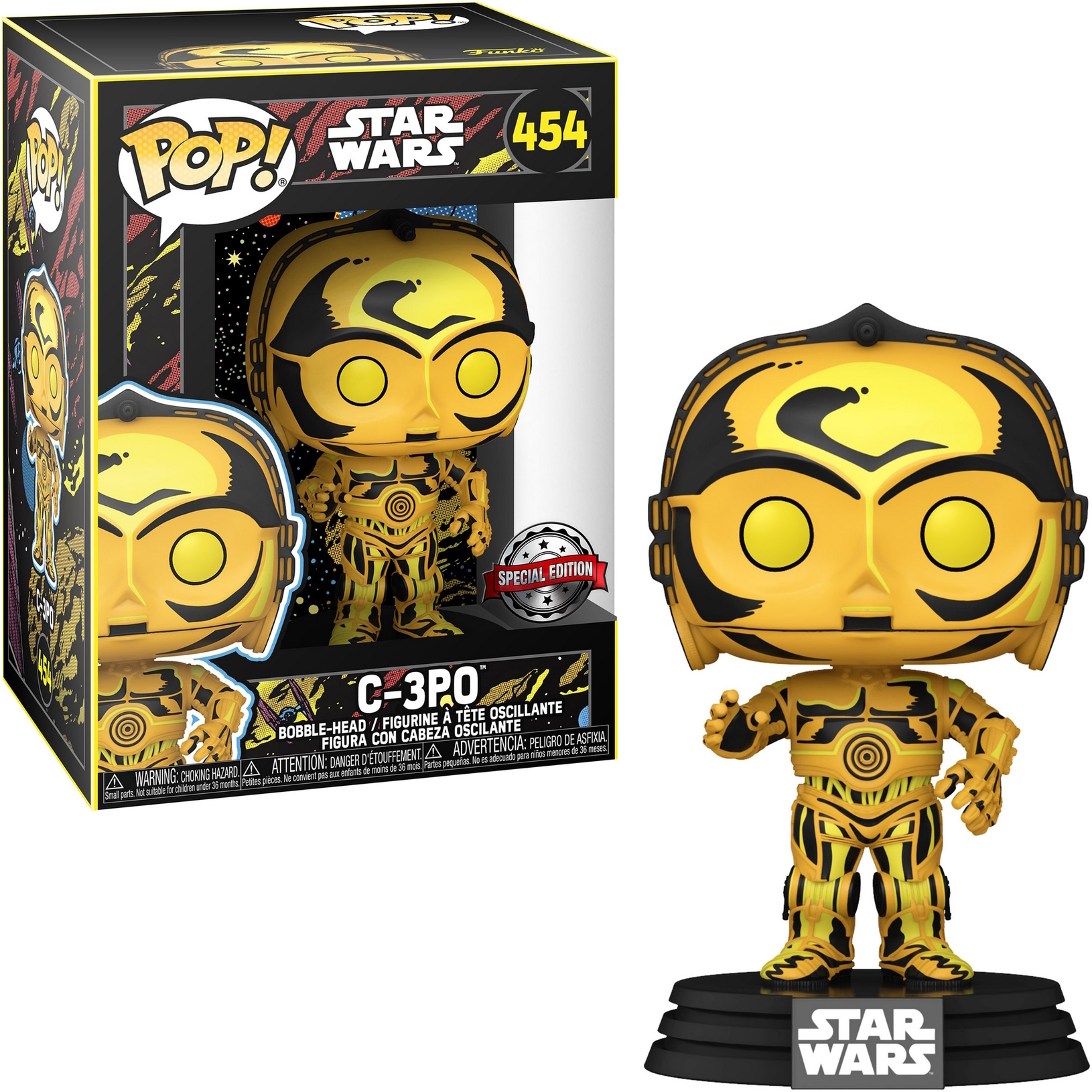 Una figura Funko Pop di C-3PO dorato e la sua scatola. La figura è dorata, in una posa classica, su base nera.