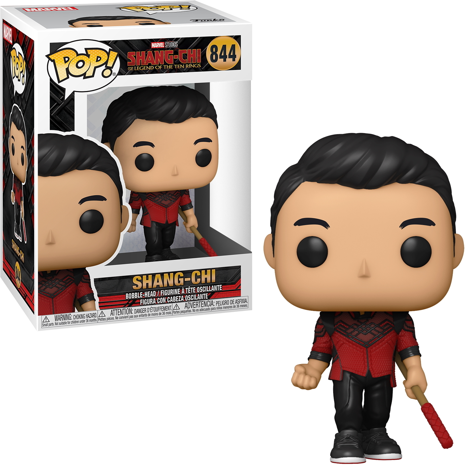 Shang-Chi-Actionfigur mit Box. Die Figur trägt ein rotes und schwarzes Outfit und hält einen Stab.