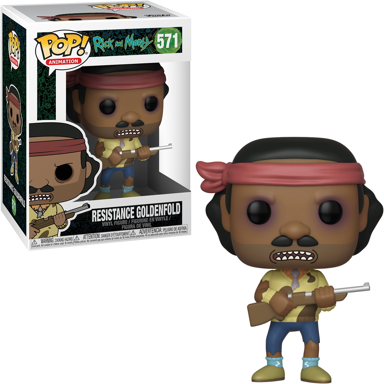 Resistance Goldenfold Funko Pop Figur. Box und Figur, Goldenfold mit Gewehr, braun und gelb.