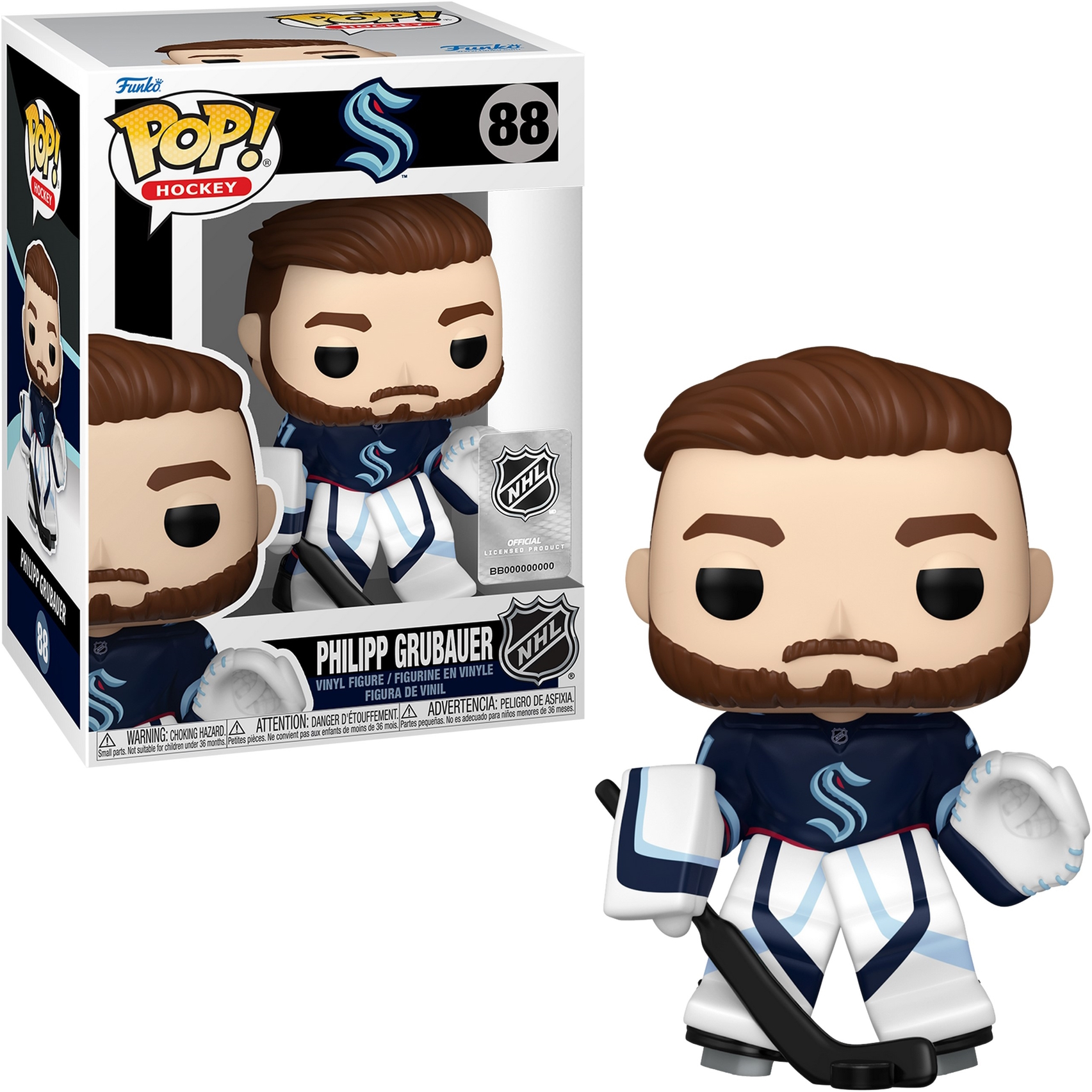Eine Philipp Grubauer Funko Pop Figur in einer Box, die einen NHL-Hockeyspieler mit Ausrüstung darstellt.