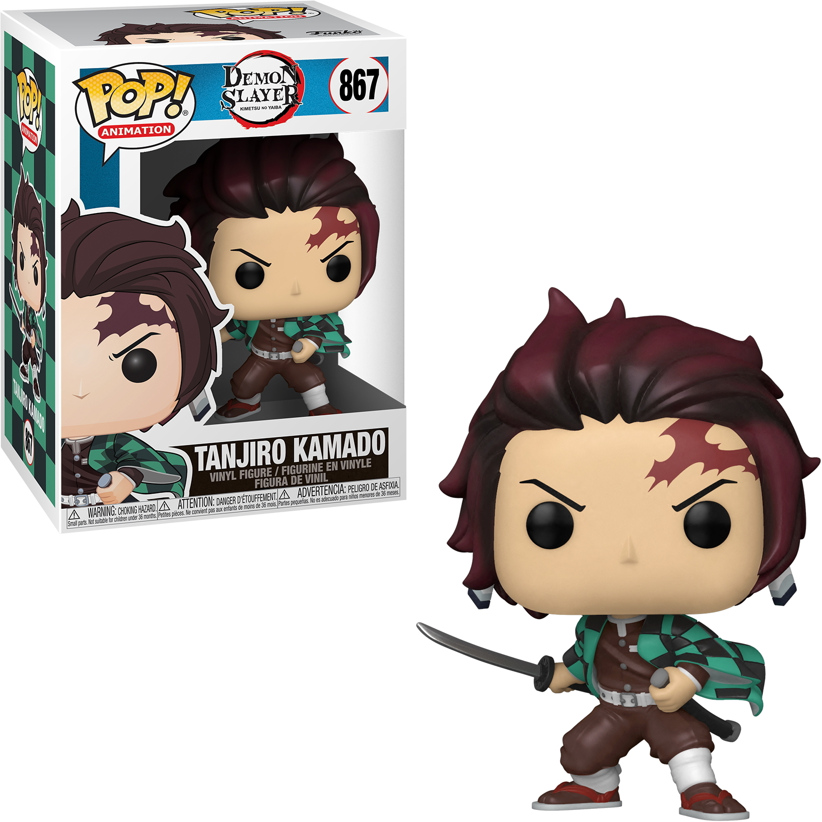 Funko Pop di Tanjiro Kamado da Demon Slayer, in scatola e separata.