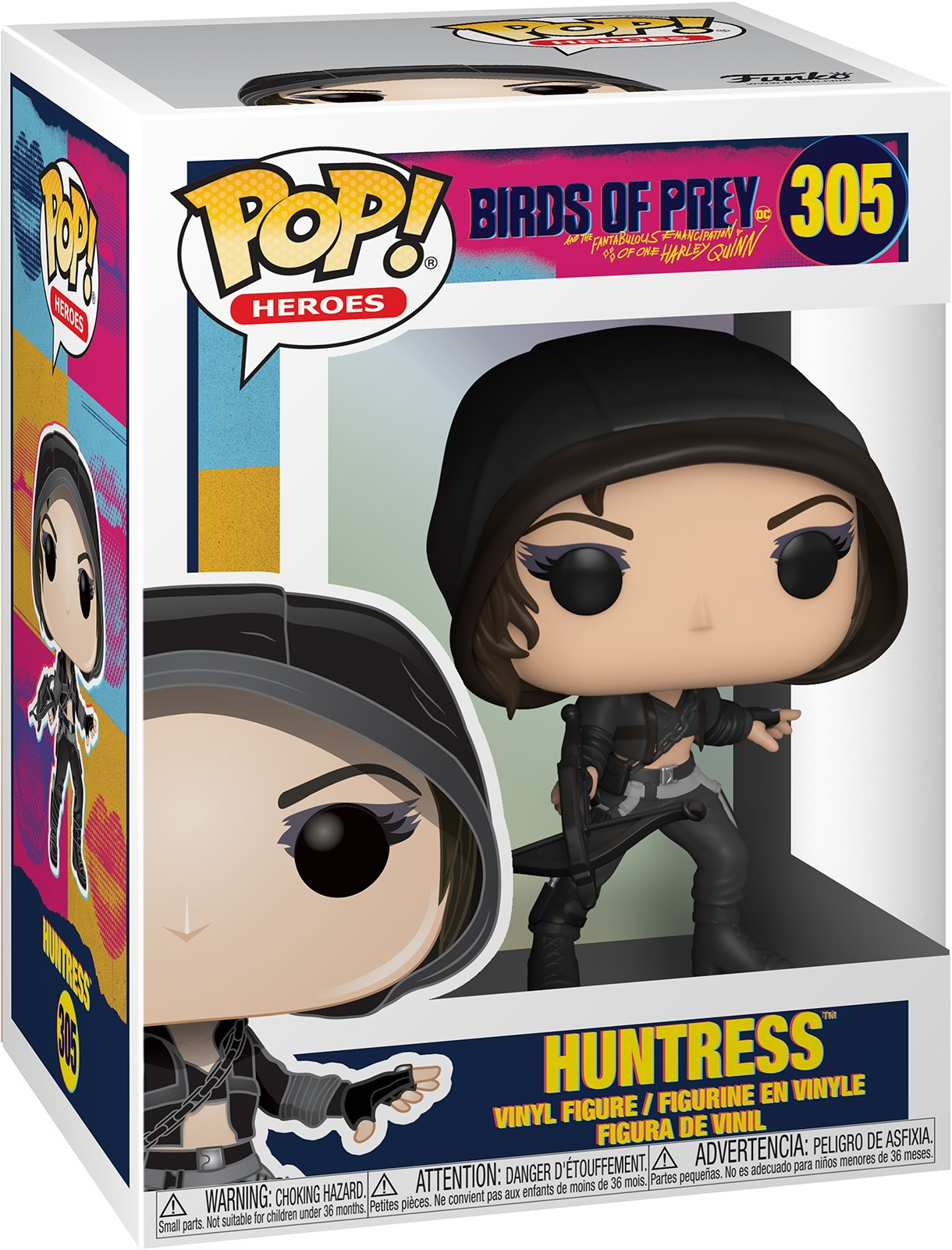 Figura Funko Pop di Huntress. Indossa un abito nero con cappuccio e tiene una balestra.