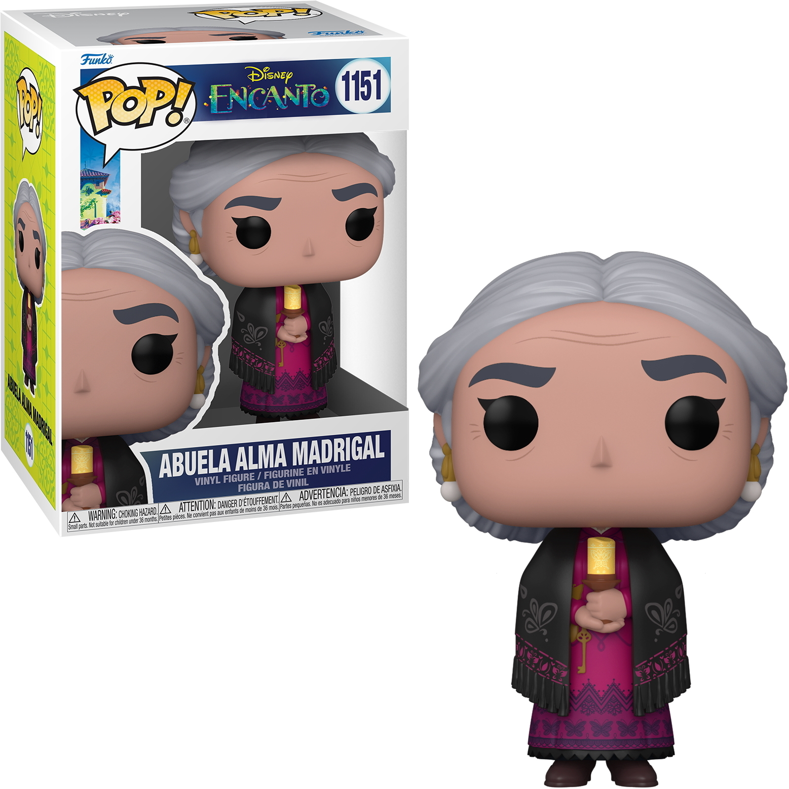 Figura Funko Pop de Abuela Alma Madrigal de Encanto, en caja con fondo colorido.