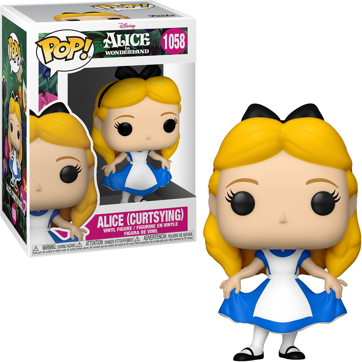 Una figura Funko Pop di Alice nel Paese delle Meraviglie con scatola, che mostra la figura e l'arte della scatola.