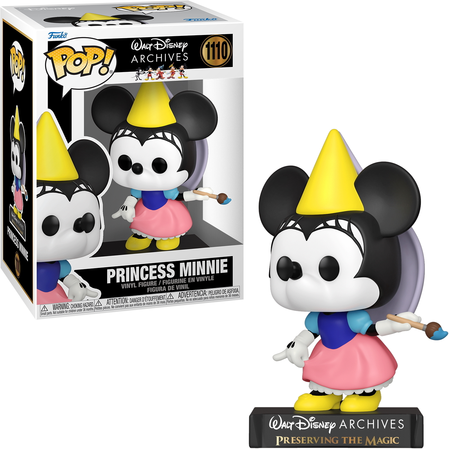 Figura di Minnie Mouse in scatola, con cappello giallo e vestito rosa, tiene un pennello.