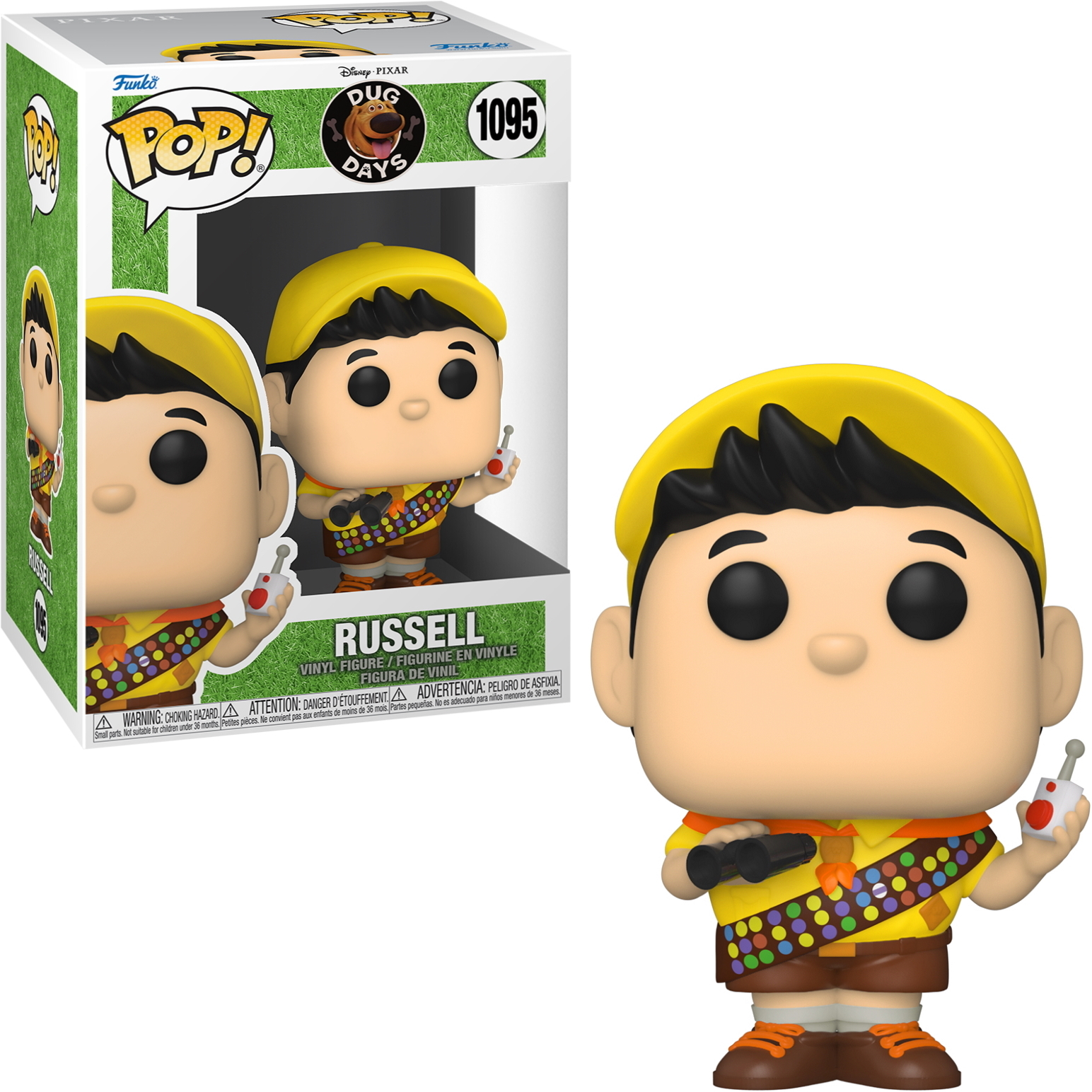 Russell Funko Pop Figur aus dem Film Oben. Er trägt eine Pfadfinderuniform und hält eine Fernbedienung.