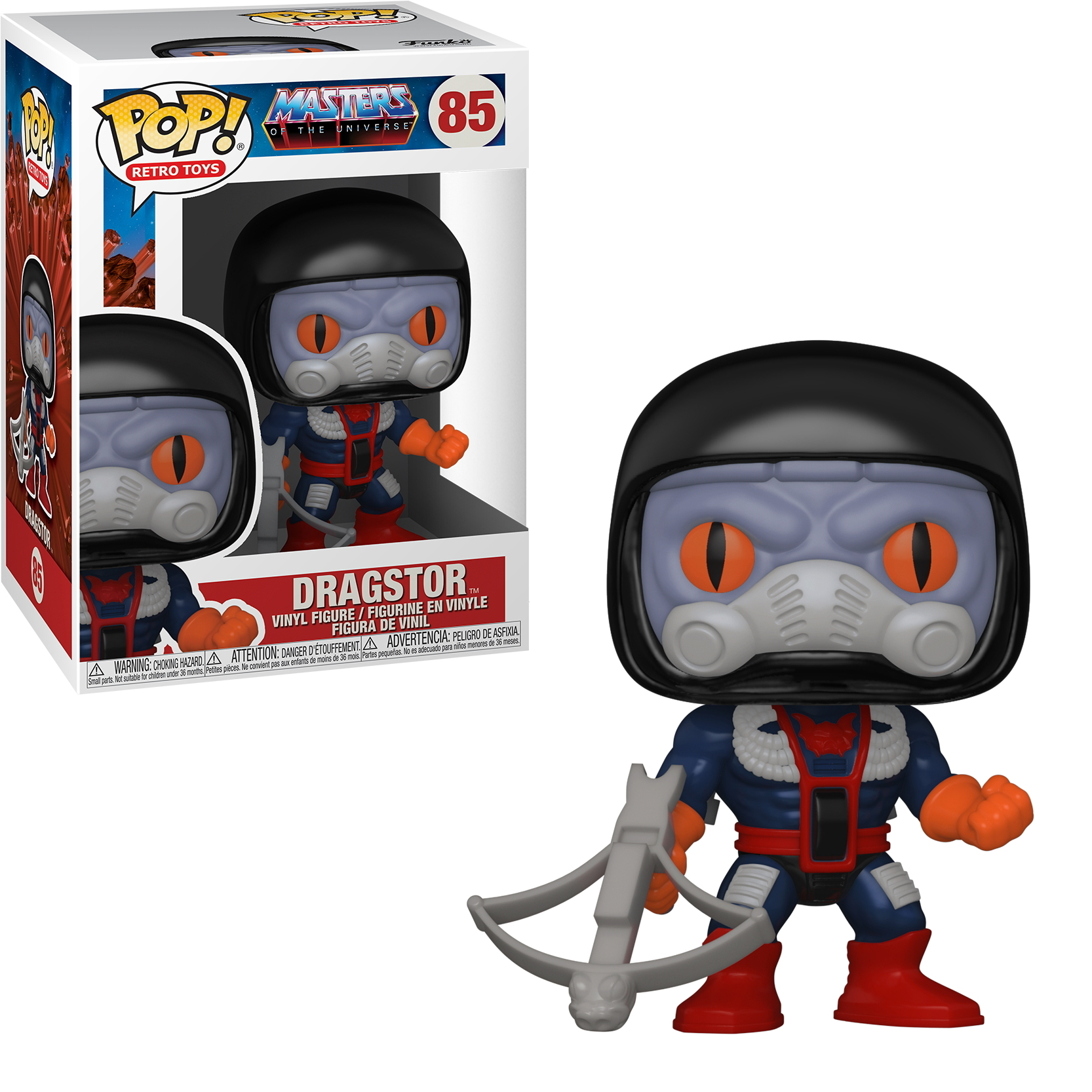 Dragstor Funko Pop-Figur. Er trägt einen Helm, Rüstung und hält eine Armbrust. Die Box ist im Hintergrund.