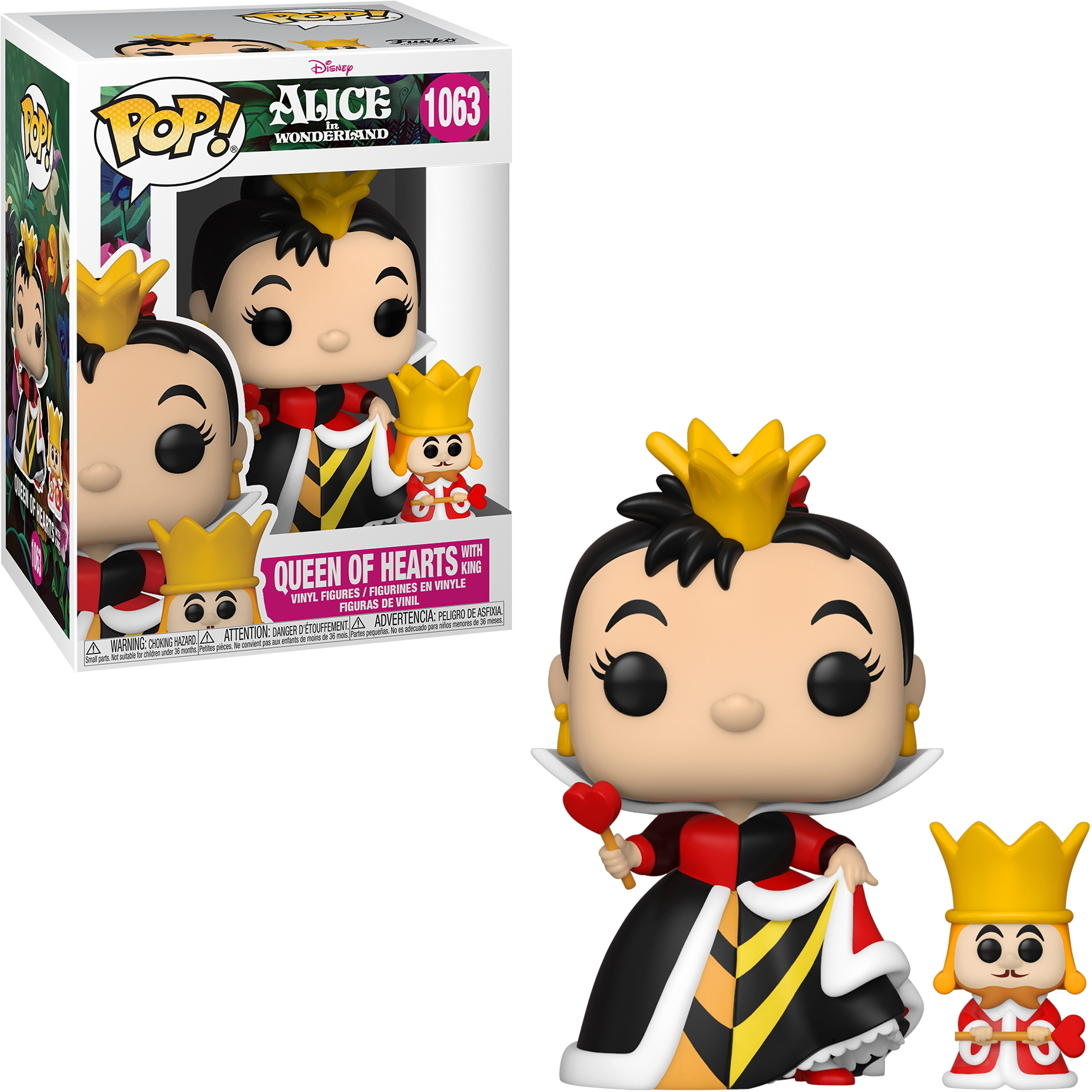 Funko Pop! Figura Regina di Cuori con scatola sullo sfondo. La figura tiene in mano un cuore.