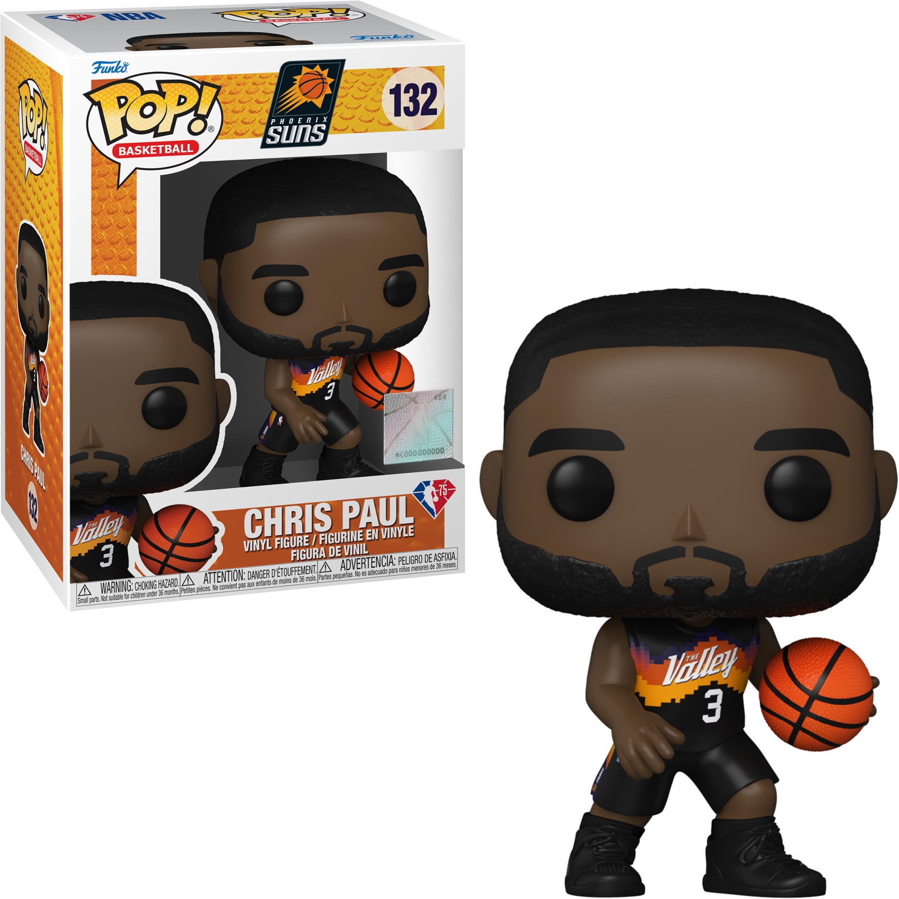 Una figura Funko Pop de Chris Paul con una camiseta de los Suns y una caja.