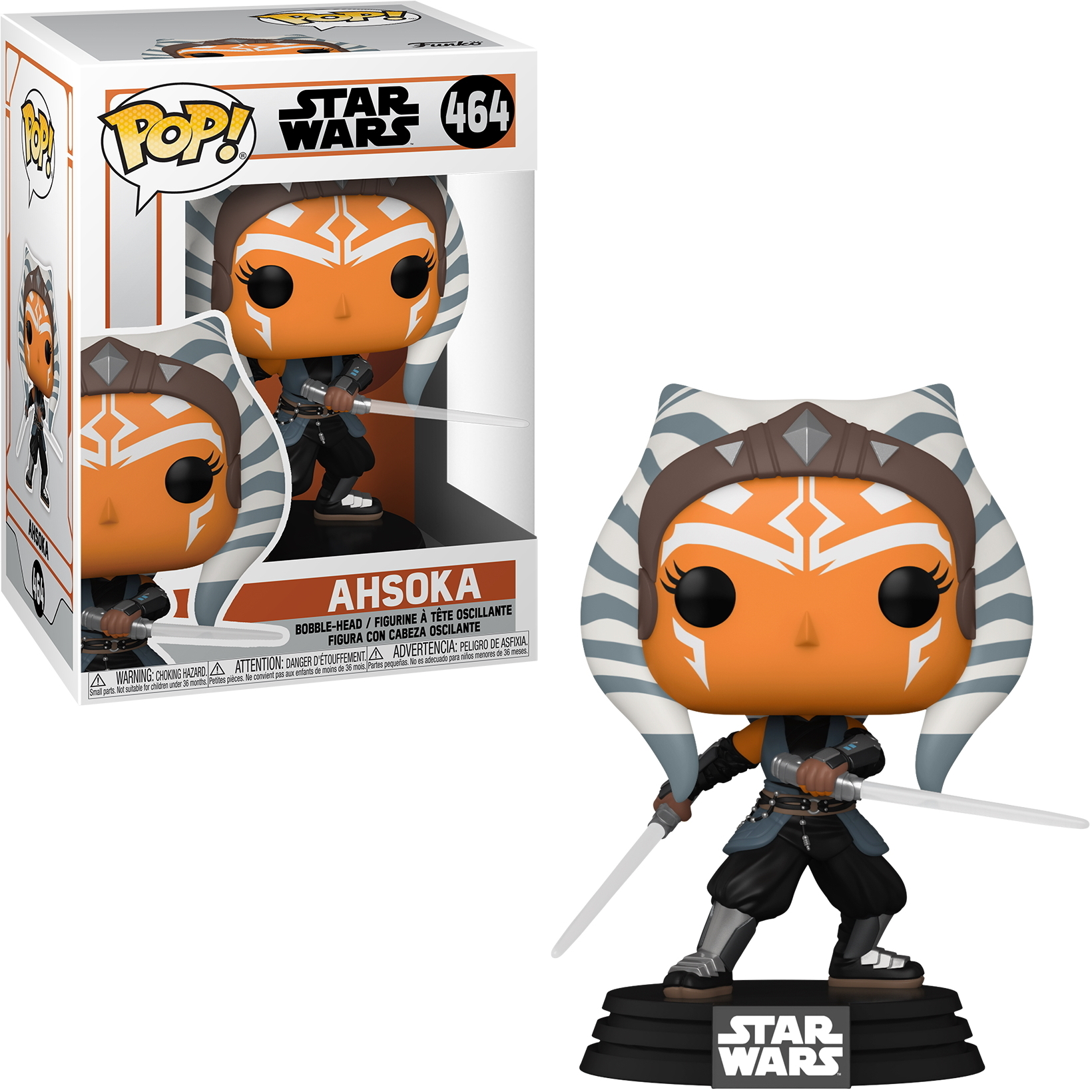 Figura Funko Pop di Ahsoka Tano con spade laser. Scatola a sinistra.