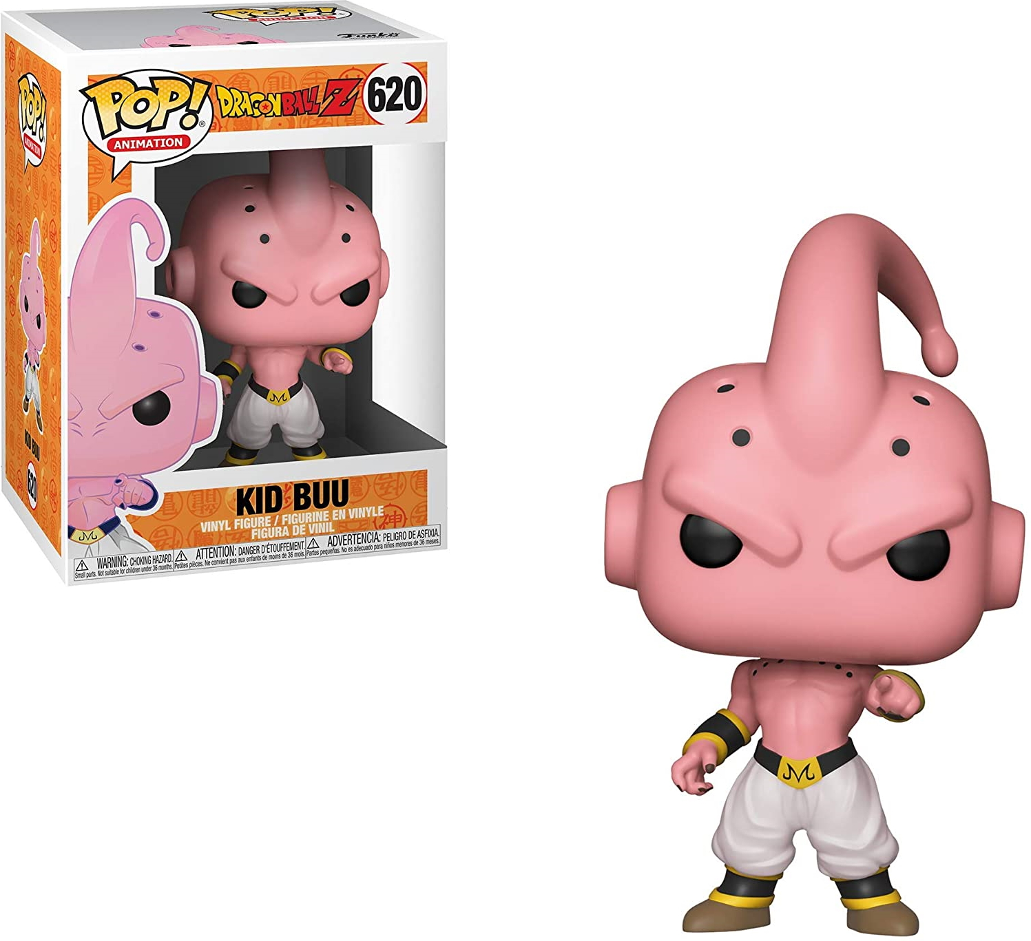 Figura Kid Buu Funko Pop en caja. Dragon Ball Z. Cuerpo rosa, pantalones blancos.