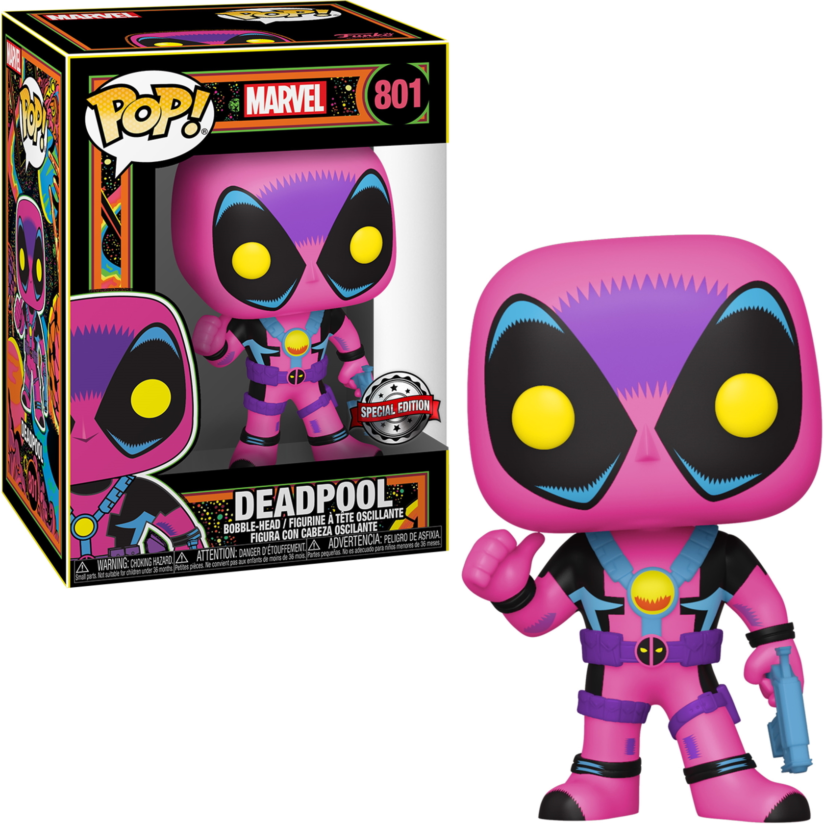 Deadpool Funko Pop Figur in einer Box. Die Figur ist pink, schwarz und hat eine blaue Pistole. Weißer Hintergrund.