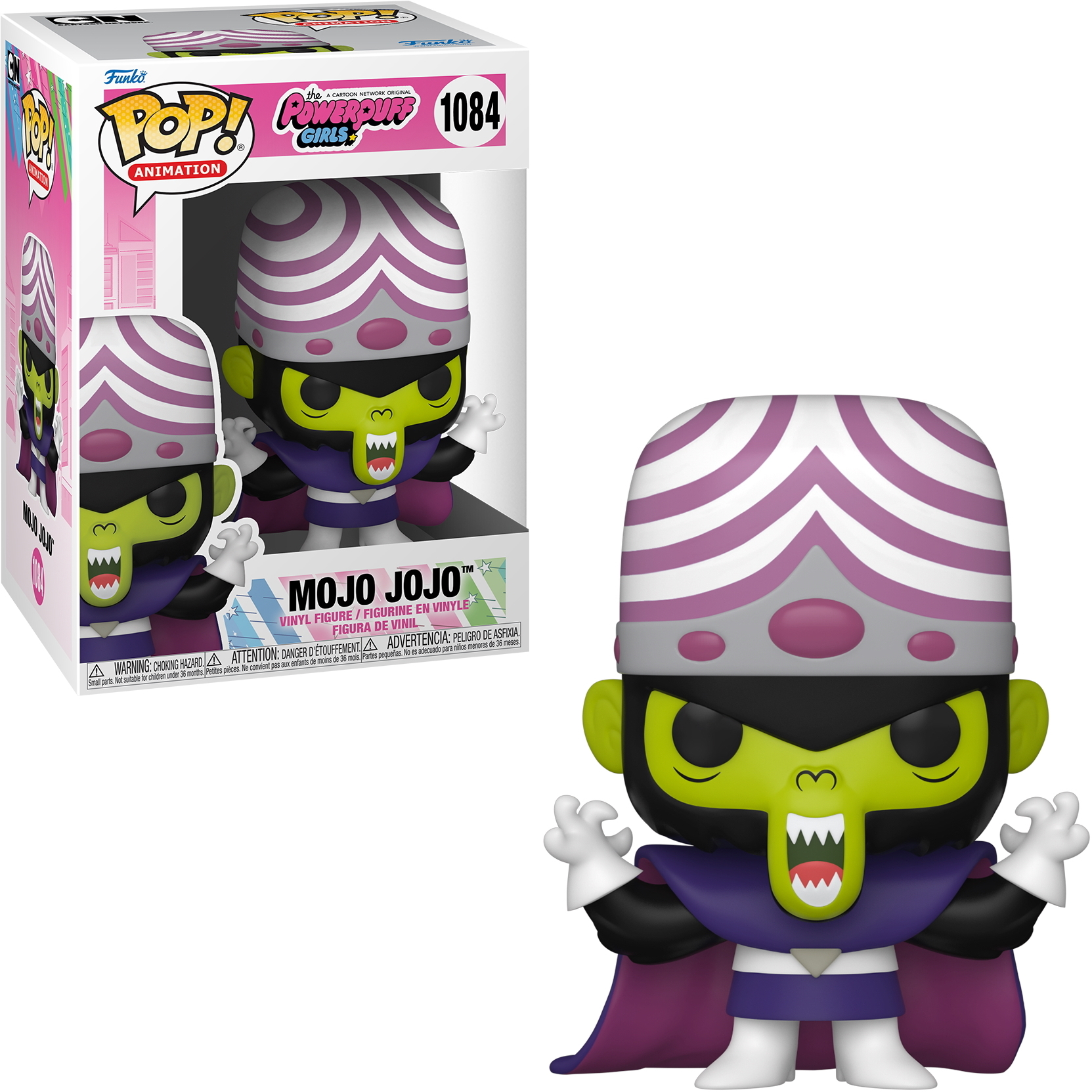 Figura Funko Pop de Mojo Jojo y caja. Figura lleva púrpura y una cara verde.