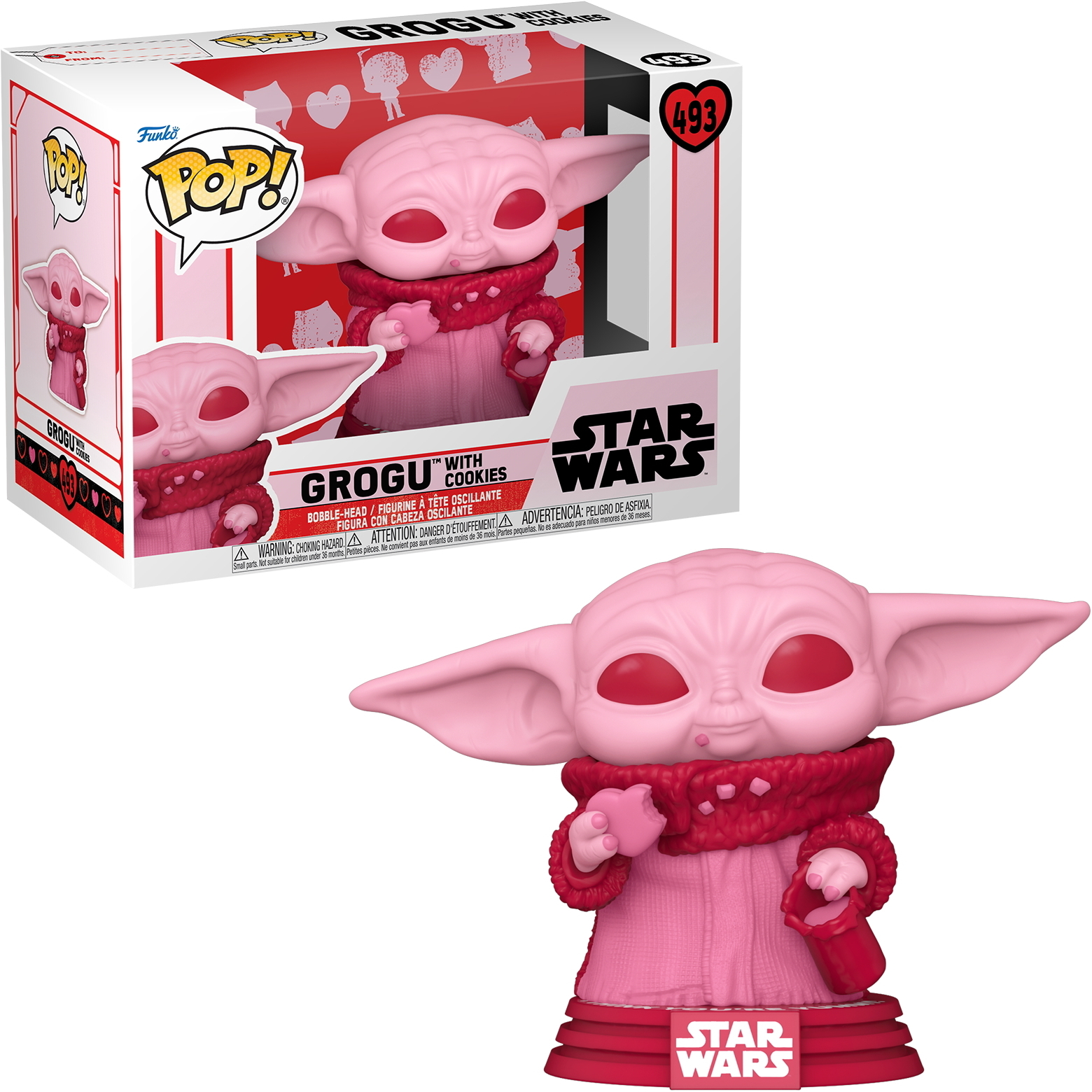 Rosa Grogu-Figur mit Keksen, trägt einen rosa Schal. Box mit Grogu und Herzen im Hintergrund.