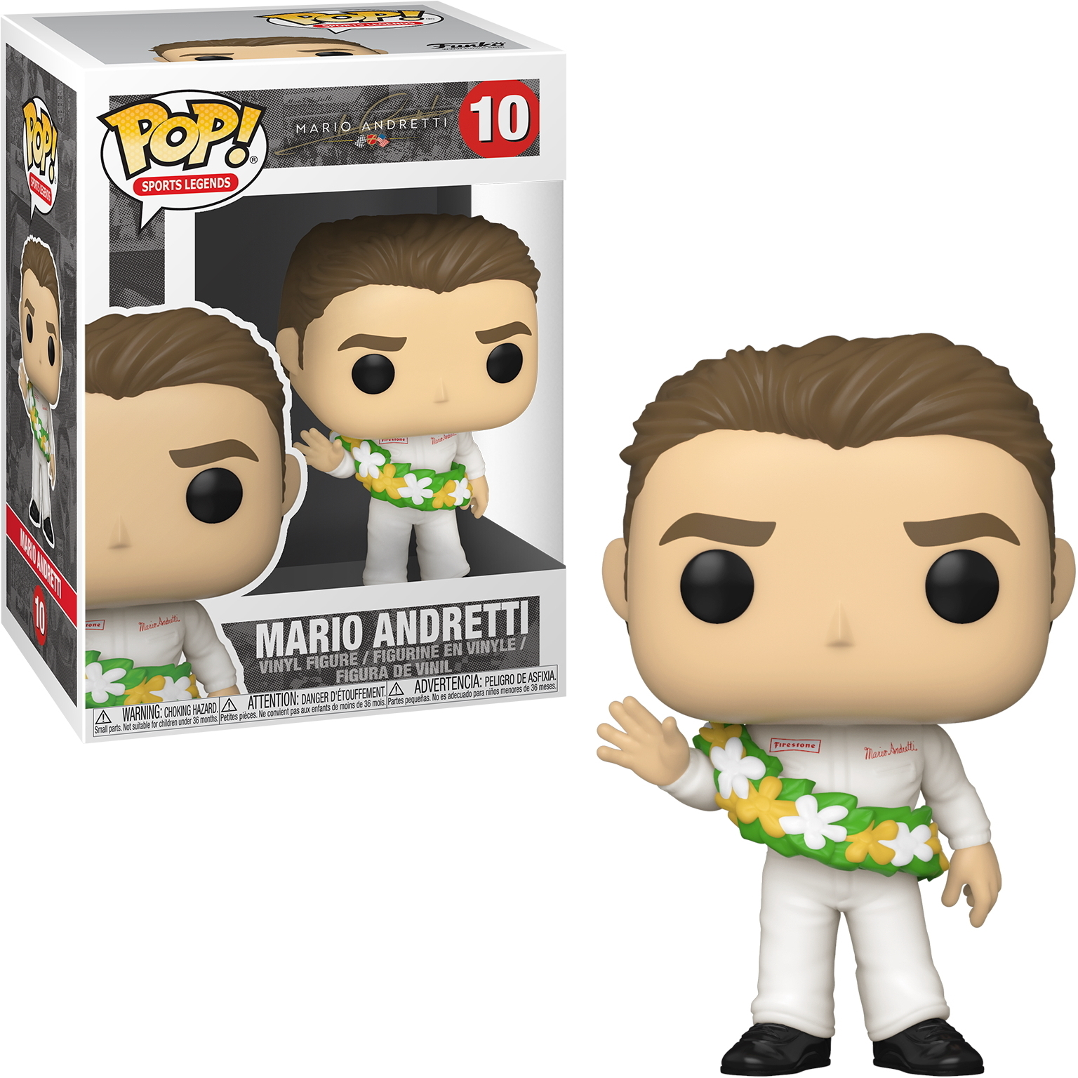 Eine Funko Pop Figur von Mario Andretti in Rennkleidung, mit der Box dahinter, vor weißem Hintergrund.