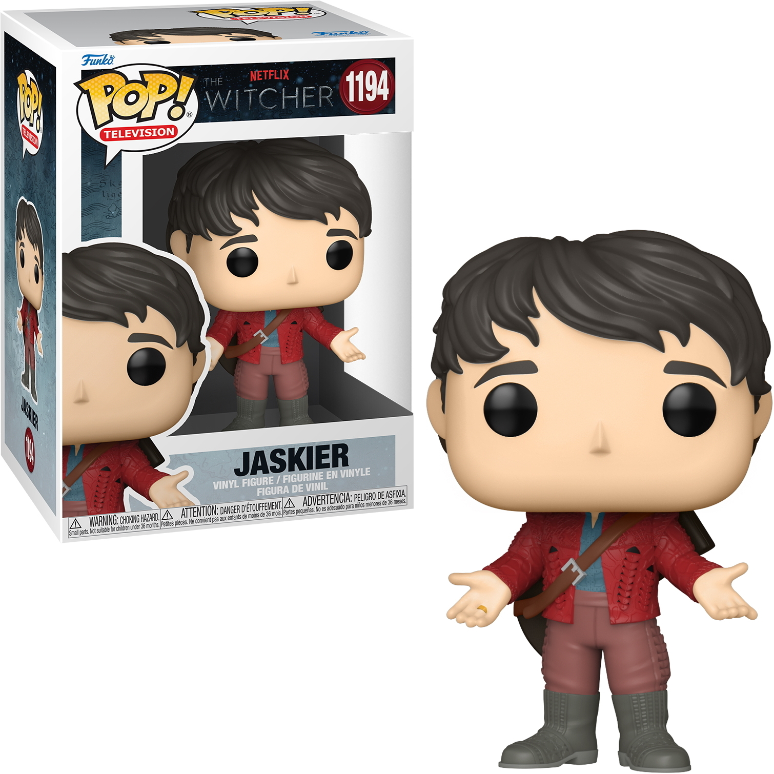 Figura de Jaskier Funko Pop en caja. The Witcher. Chaqueta roja, pantalones marrones.