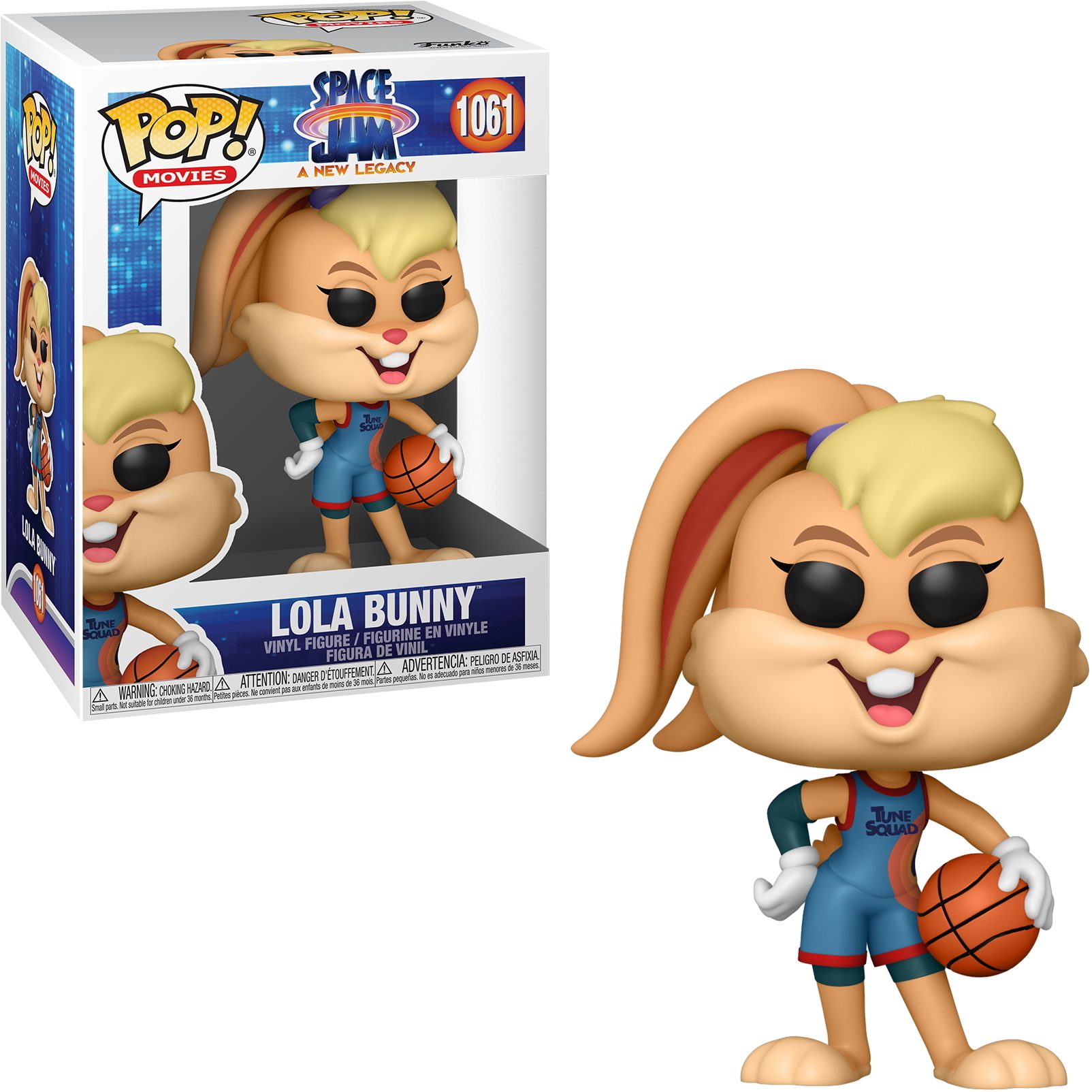 Lola Bunny Funko Pop Figur mit einem Basketball. Box im Hintergrund.