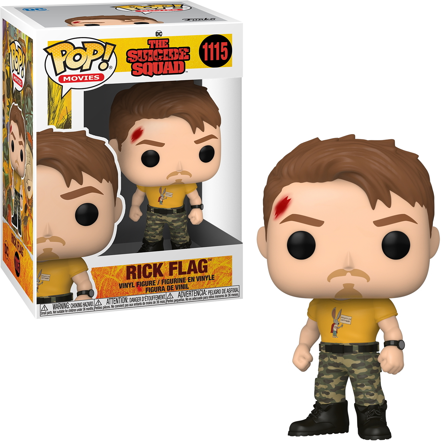 Rick Flag Funko Pop-Figur, The Suicide Squad. Mann mit Schnurrbart, trägt ein gelbes Hemd.