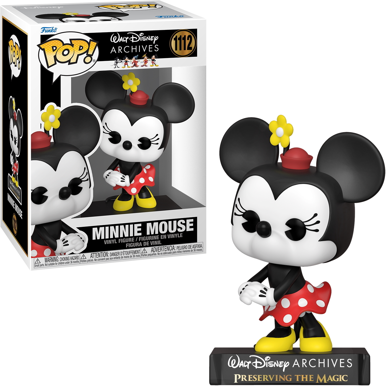 Minnie Mouse Figur in einer Box und separat, trägt ein rotes Kleid mit weißen Punkten.