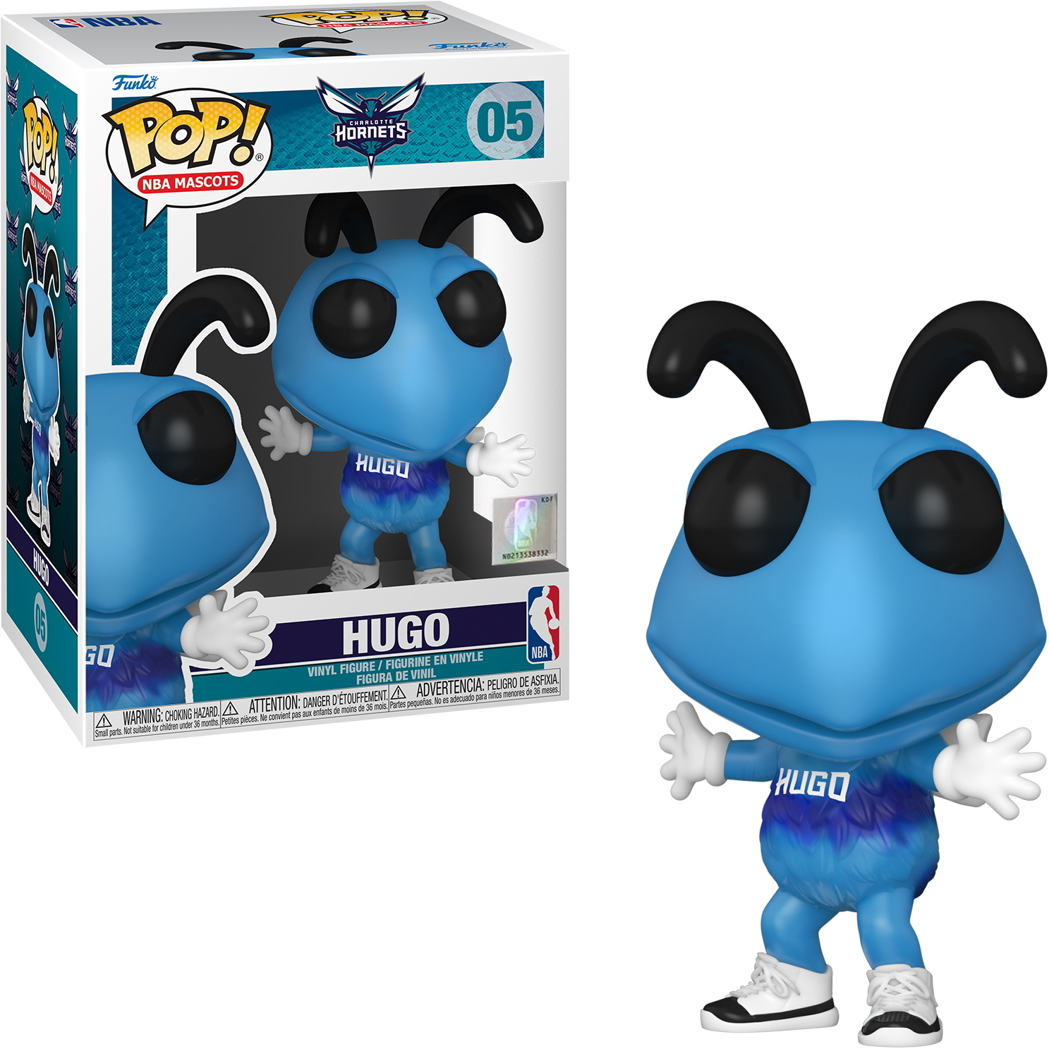 Hugo Funko Pop Figur und Box von NBA Mascots, blau und weiß.