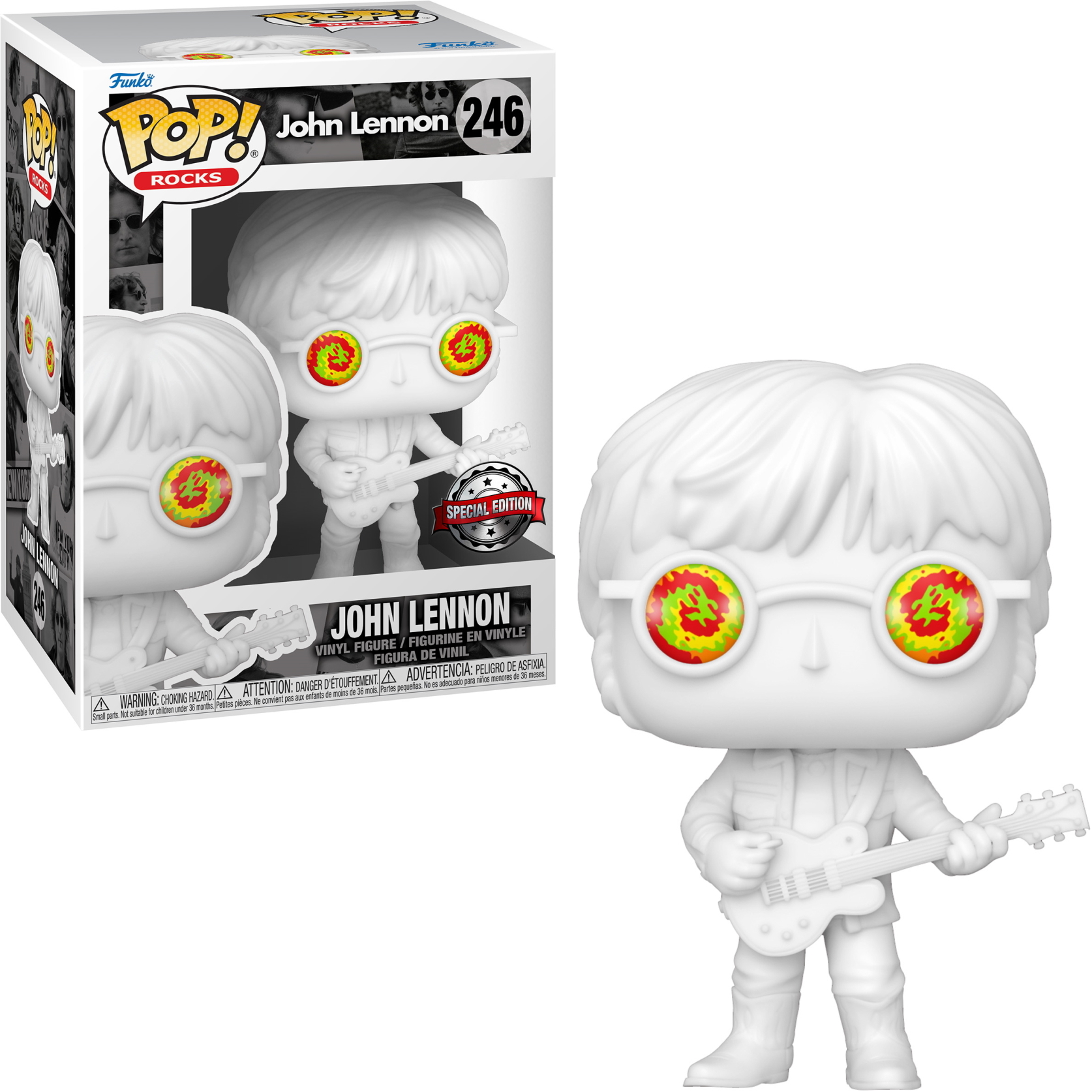 Weiße Funko Pop Figur von John Lennon, mit Brille und Gitarre, in einer Box. Special Edition.