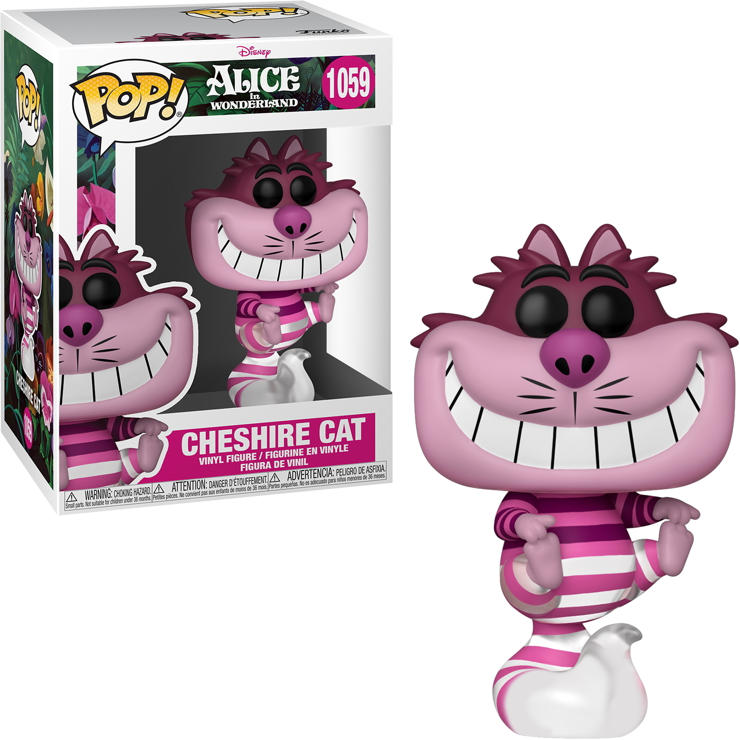 Cheshire Cat Funko Pop Figur. Streifen auf dem Körper, breites Grinsen. Box im Hintergrund. Lila und Rosa.