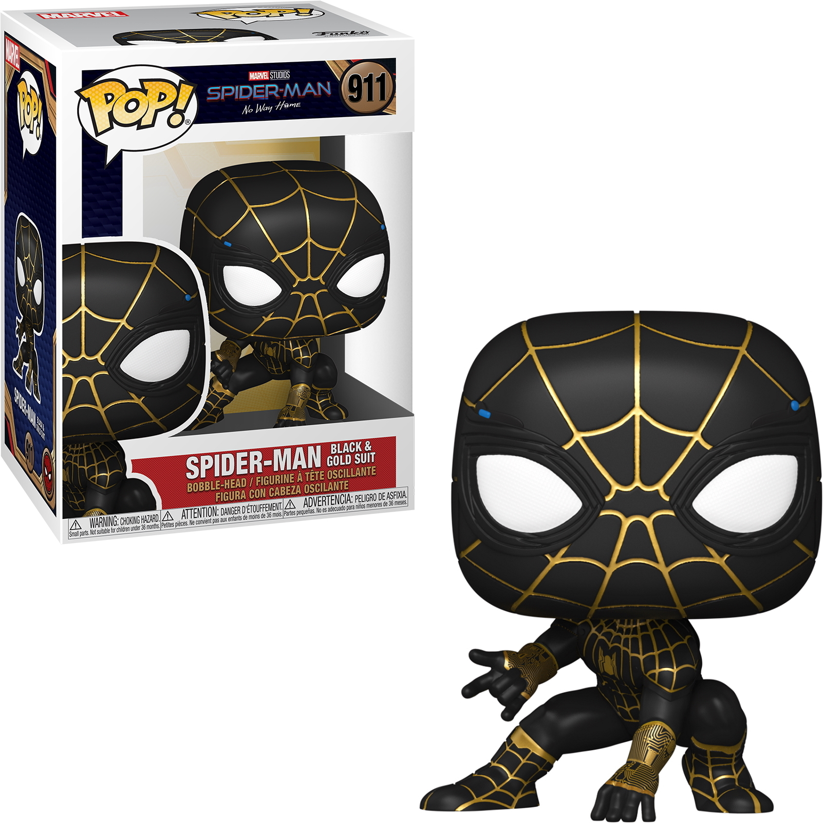 Spider-Man Black & Gold Suit Funko Pop Figur. In und aus der Box. In dynamischer Pose.