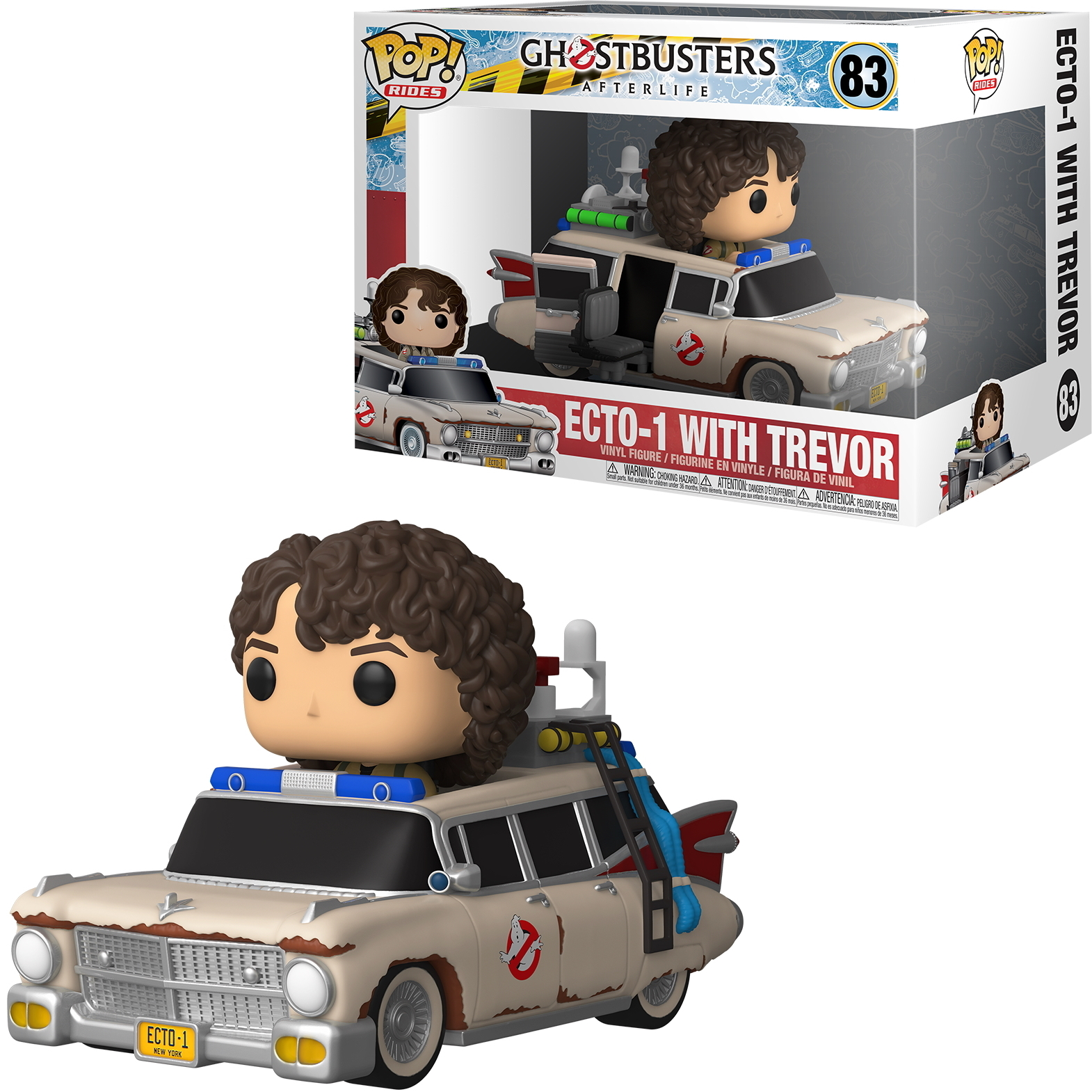 Ecto-1 mit Trevor Funko Pop Figur in Box und ausgestellt, Ghostbusters.