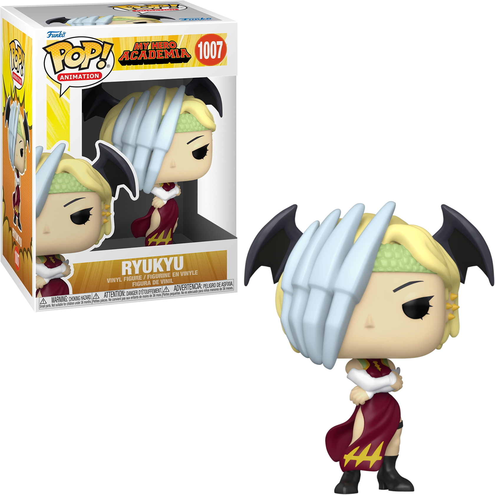 Ryukyu Funko Pop Figur in Box. Figur ist blond mit schwarzen Flügeln und einem rot-schwarzen Outfit.