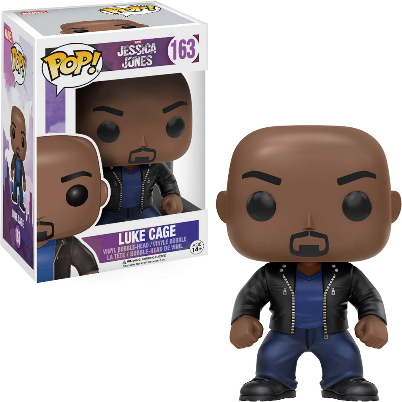 Luke Cage Funko Pop! Figur in und aus der Box. Schwarze Jacke, blaues Hemd, blaue Hose und Glatze.