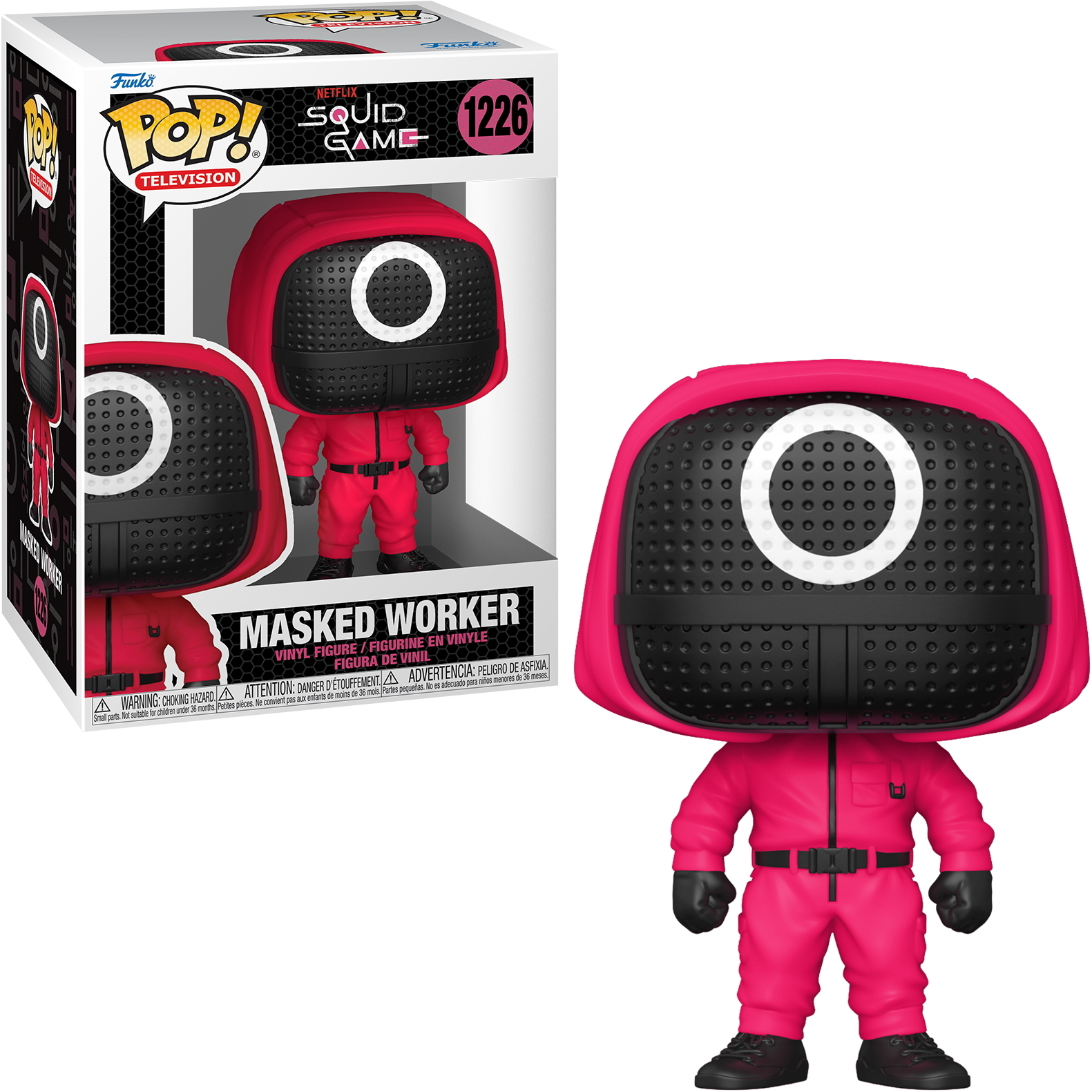 Funko Pop Figur eines maskierten Arbeiters aus Squid Game, in rotem Overall und Maske. Verpackt.
