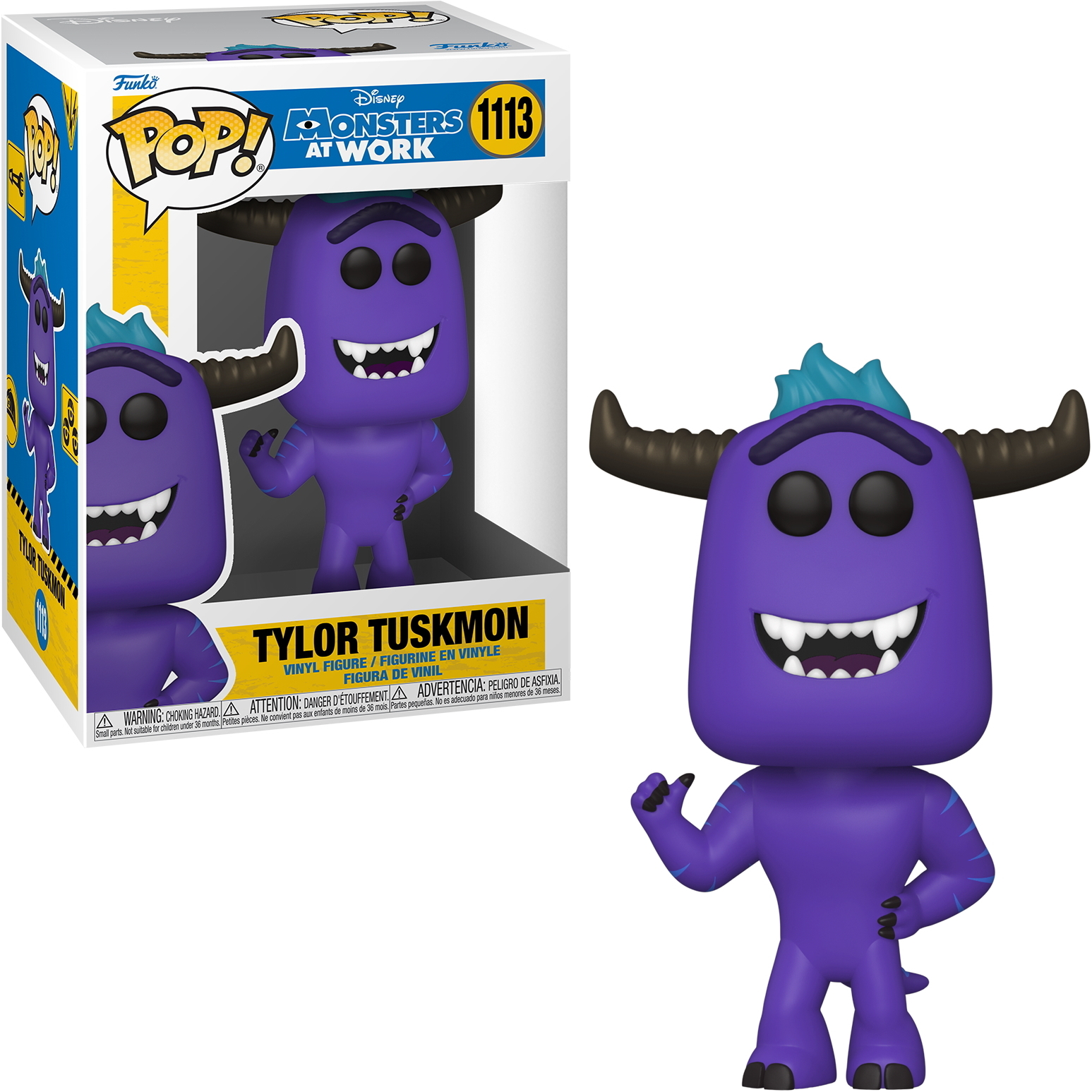 Figura Funko Pop viola di Tylo Tuskmon. Scatola con la stessa figura. Sfondo bianco.
