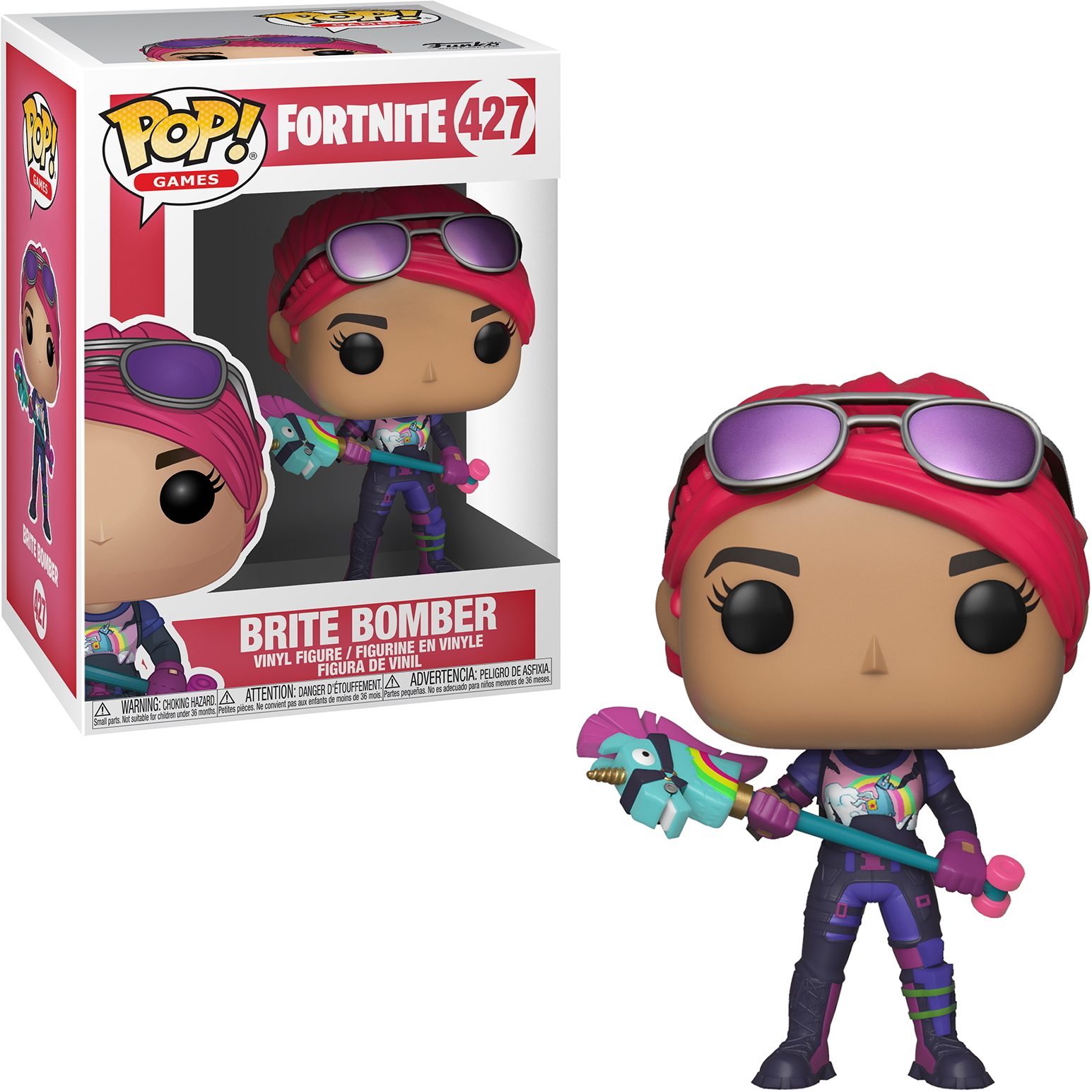 Eine Fortnite Brite Bomber Funko Pop Figur mit einer Box, die ihr Bild zeigt.
